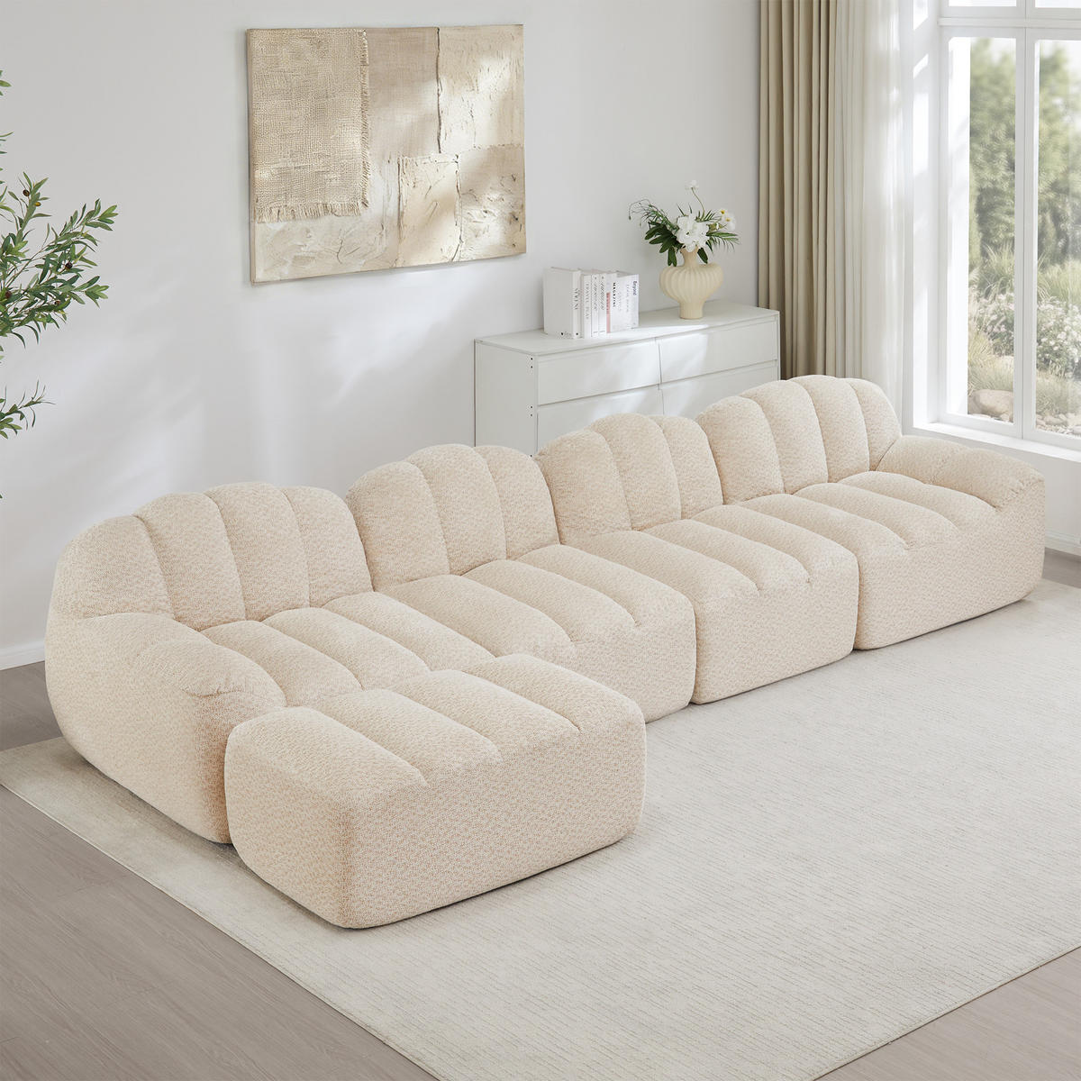 4-SITZER ECKSOFA Granulierter Fleece Beige & Weiß mit Ottomane - Beige, Textil (366/165cm) - WISHDOR