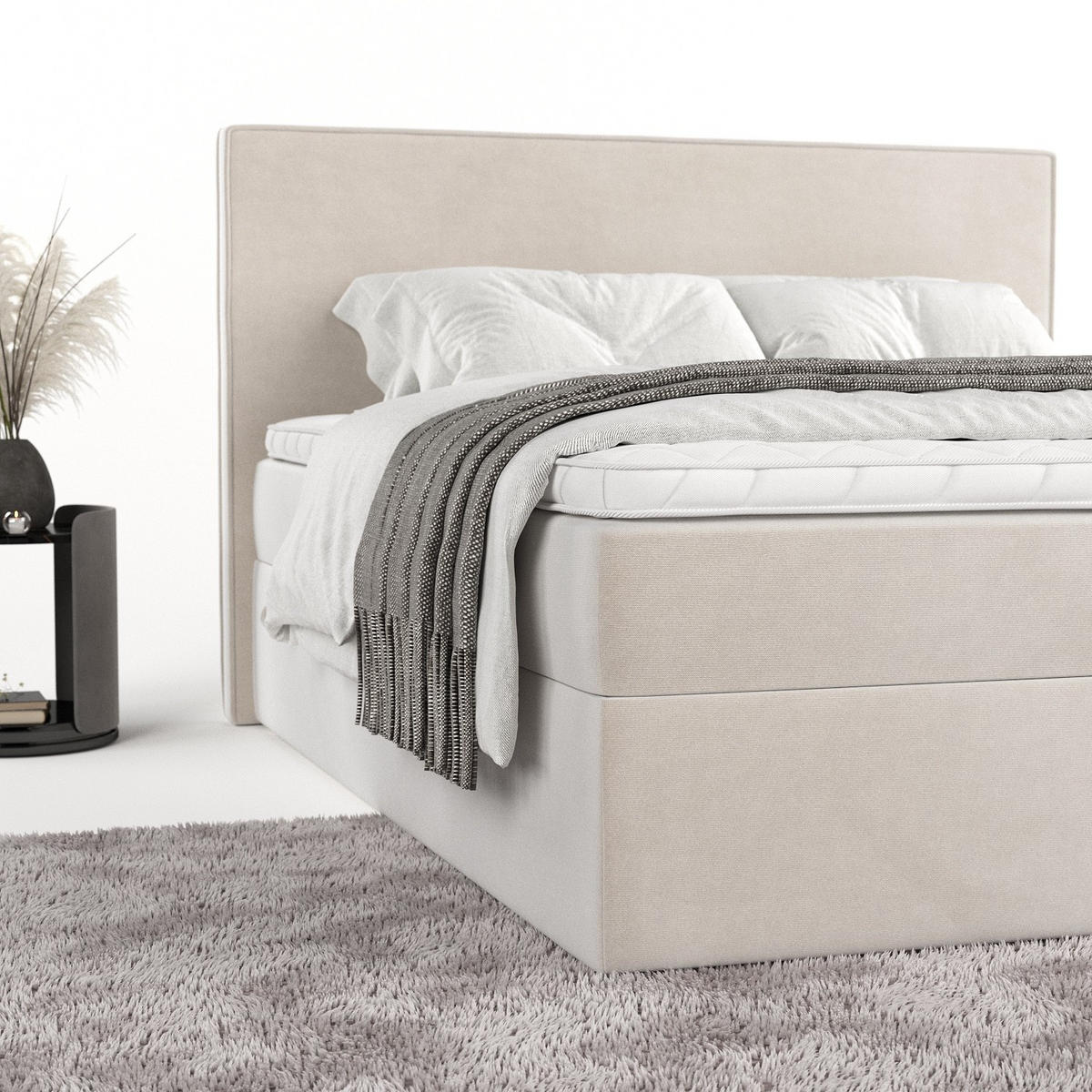 BOXBETT Nuvia 200/200 cm Creme im Paros Stoff - Creme/Schwarz, Holz/Holzwerkstoff (200/200cm) - AltaBeds