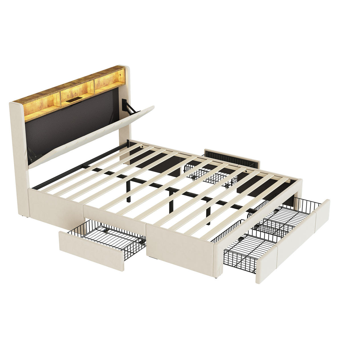 POLSTERBETT 140x200 cm, Beige, mit 3 Schubladen, USB & Typ C, LED - Beige, Textil/Metall (140/200cm)