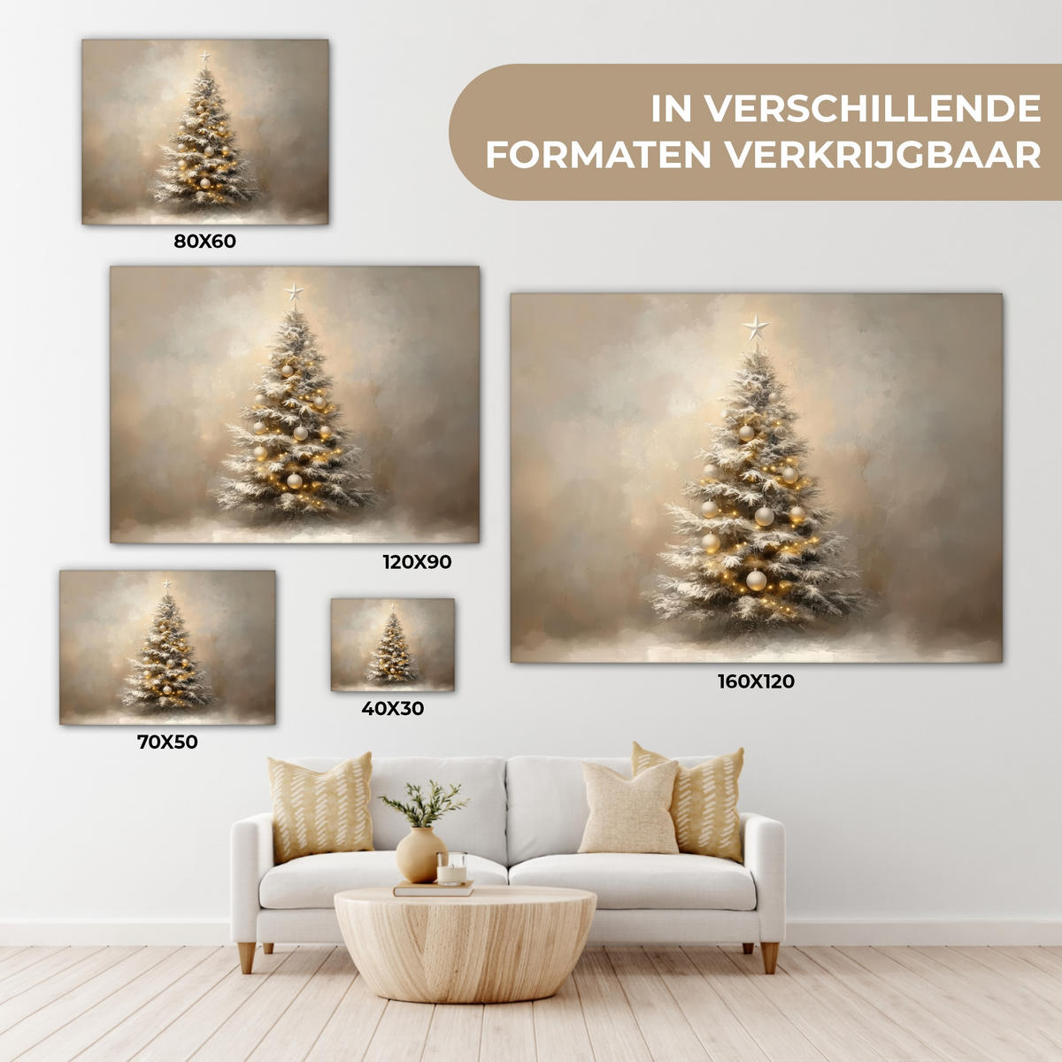 LEINWANDBILD Weihnachten - Weihnachtsbaum - Schnee - Kunst Wandbild 40x30 cm - Champagner, Textil (40/30cm) - MuchoWow