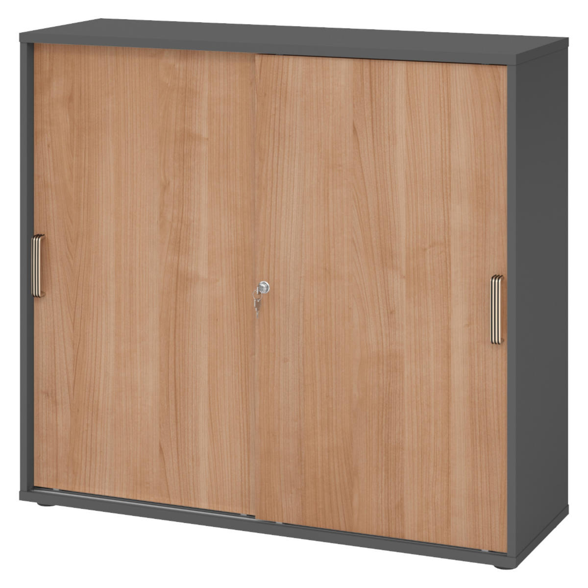 SCHIEBETÜRENSCHRANK - 3 Ordnerhöhen 40/120/110 cm in Graphitfarben/Nussbaumfarben Streifengriff (Kunststoff) - Nussbaumfarben/Graphitfarben, Holzwerkstoff (120/110/40cm) - bümö