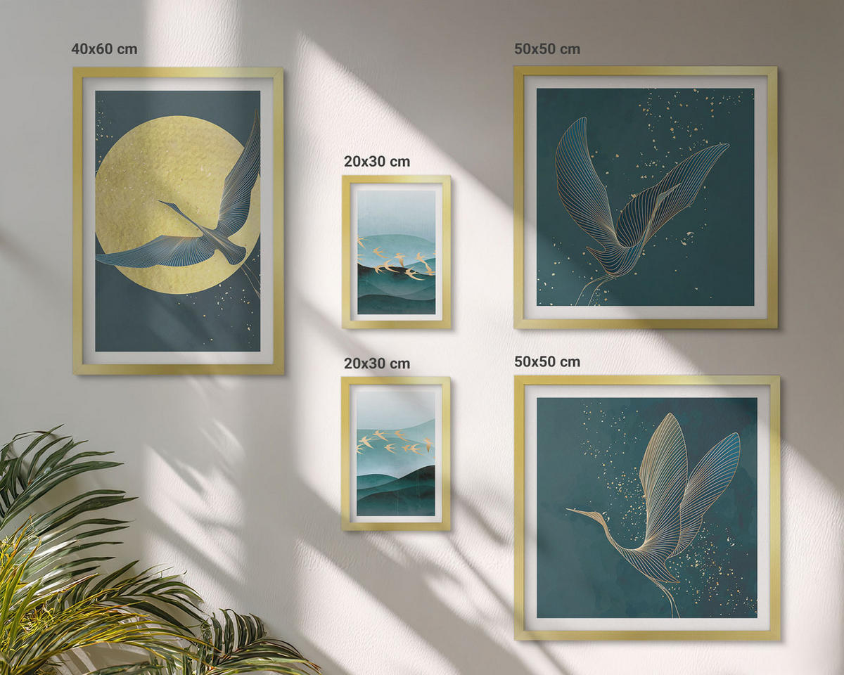 WANDBILDER 5er Set - 50x50 cm & 20x30 cm & 40x60 cm Goldrahmen - Abstrakte Landschaften von Vogelwellen - Goldfarben, Kunststoff (40/60cm) - ArtPrintCave