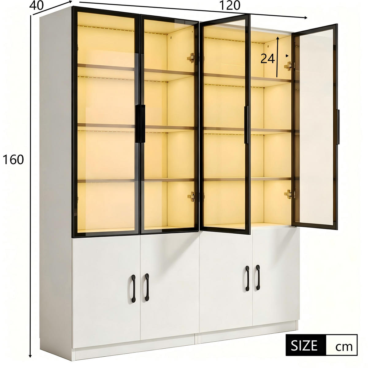 VITRINE LED Rauchglas Aluminiumrahmen 160cm 2 Türen Bücherregal - Weiß, Glas (120/160/40cm) - FLIEKS