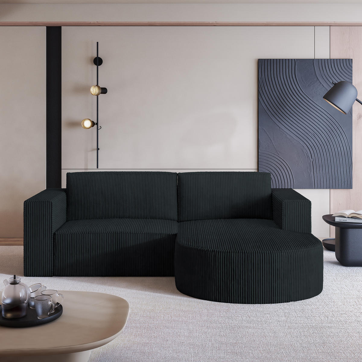 ECKSOFA SORELA P R-S Schwarz Kordstoff mit Schlaffunktion - Schwarz, Holz (263/174cm) - MASSENO