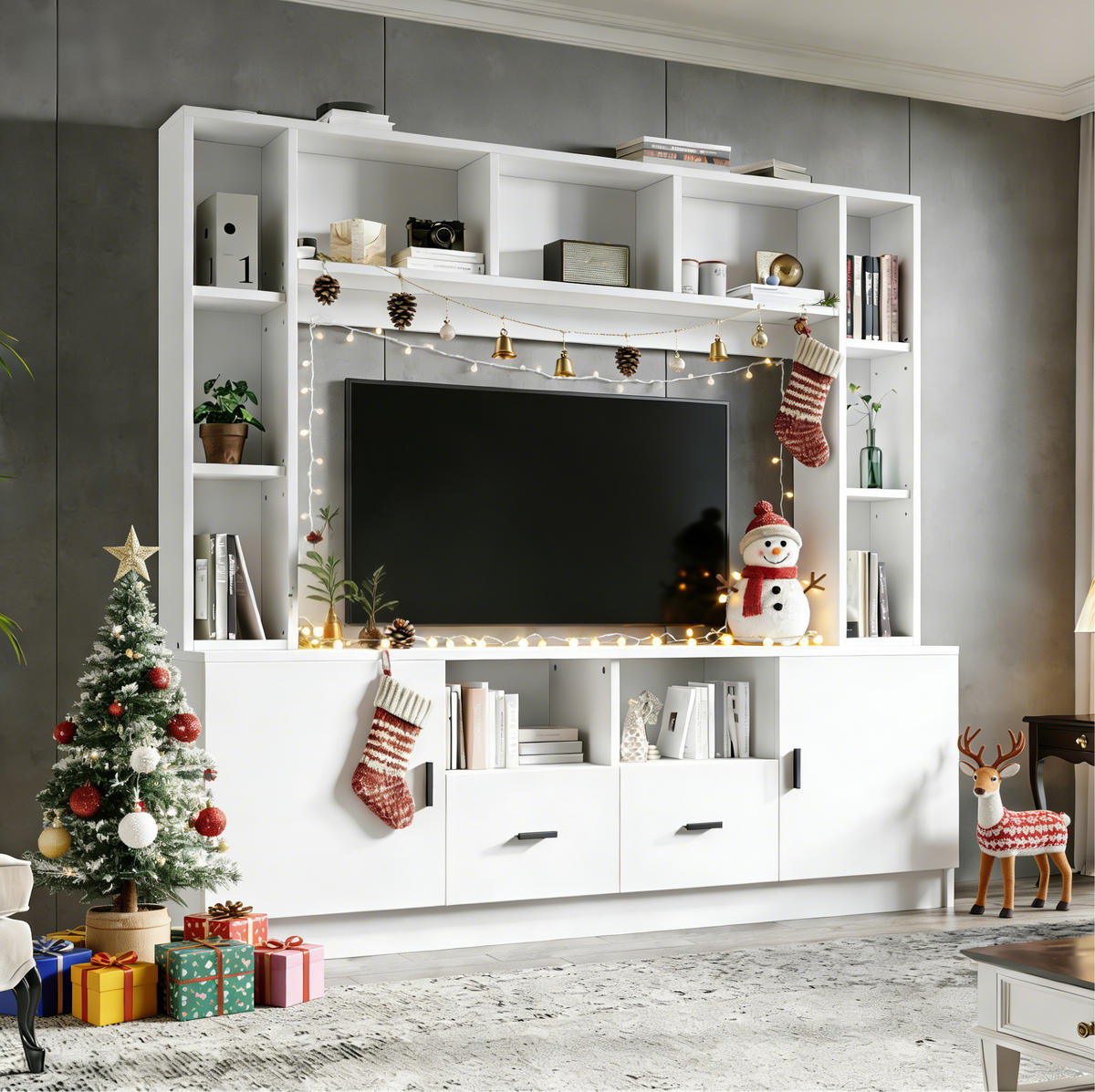 TV-WOHNWAND mit Stauraum 180 x 35 x 170 cm Weiß 5-tlg. - Weiß, Holzwerkstoff (35/170/180cm) - Beauniv