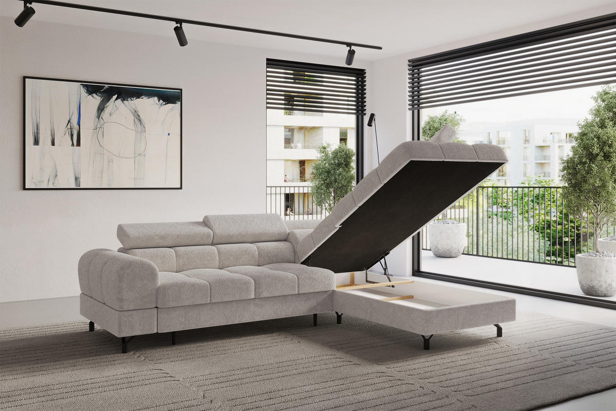 ECKSOFA mit Schlaffunktion Ottomane Rechts LUMA-L 272x203x70 Hellgrau Velours - Hellgrau/Schwarz, Holzwerkstoff/Kunststoff (203/272cm) - ALTDECOR
