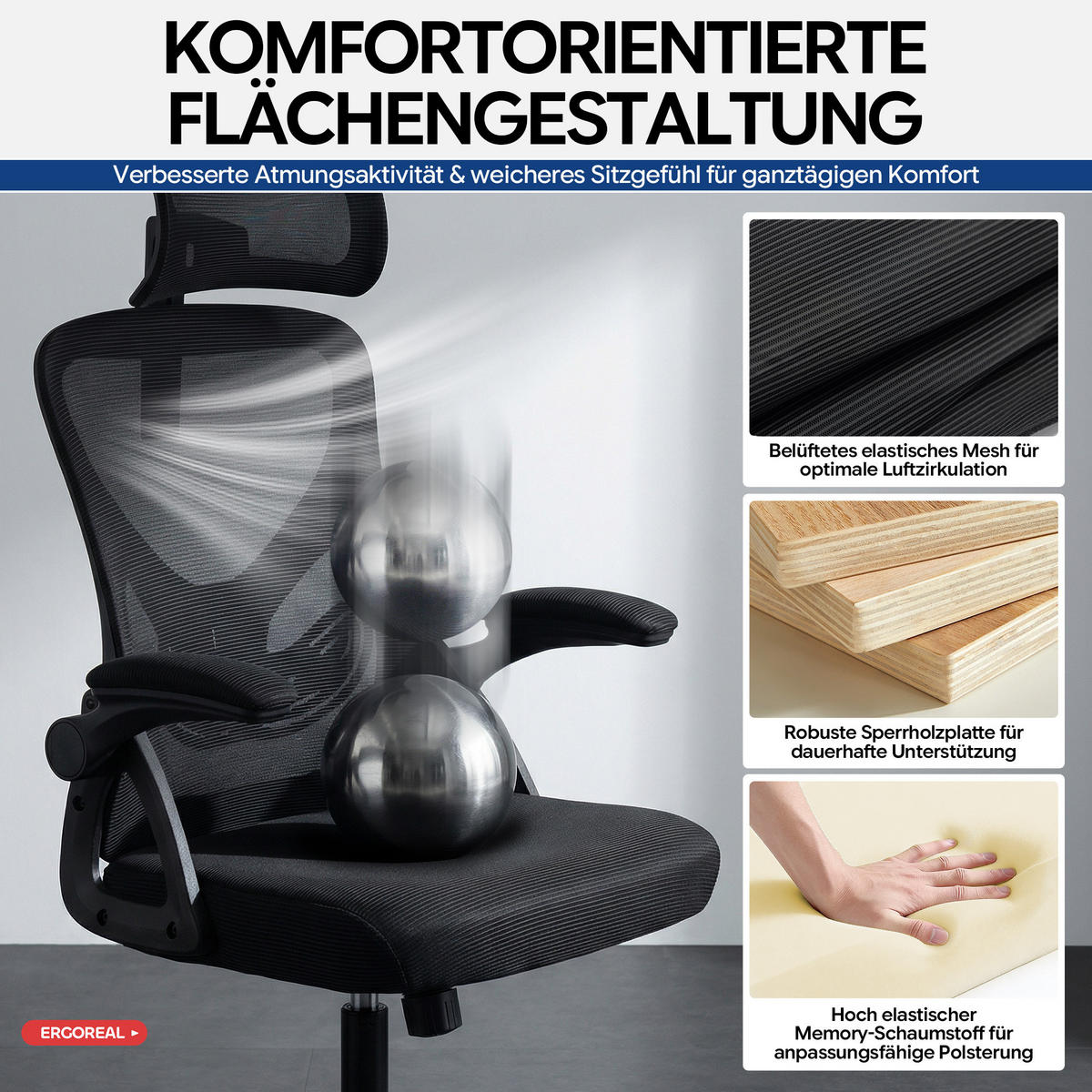 DREHSTUHL Schwarz mit Verstellbare Lendenwirbelstütze und 2D-Kopfstütze - Schwarz, Kunststoff (63/114/68cm) - Oxeza