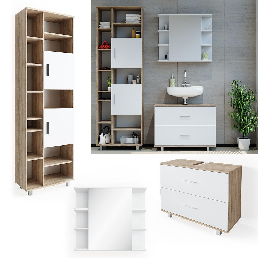 BADMÖBEL-SET Ilias Weiß/Sonoma 3 Teile, mit Unterschrank 80 cm - Weiß/Sonoma Eiche, Holzwerkstoff (80.2/60.8/33cm) - Vicco