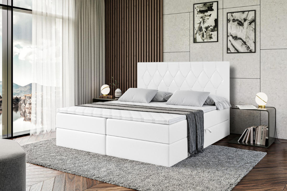 BOXBETT mit H4-Matratze und Lattenrost - VELANTO-BZ - 180x200 Ecru - Weiß Hochglanz, Holzwerkstoff (180/200cm) - ALTDECOR
