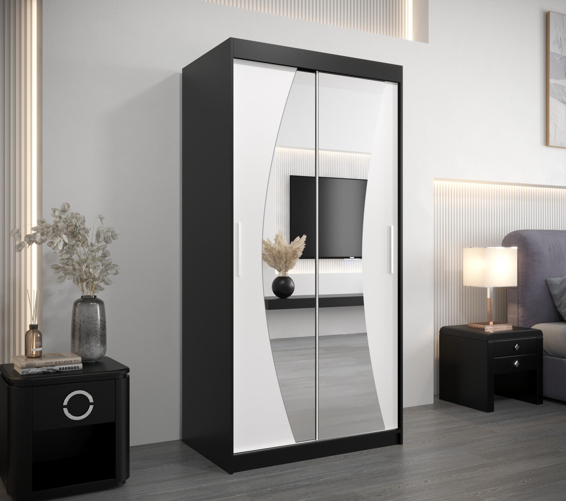 SCHWEBETÜRENSCHRANK 200/100/62 2-türig - Silberfarben/Schwarz, Holz/Kunststoff (100/200/62cm) - Abiks Möbel