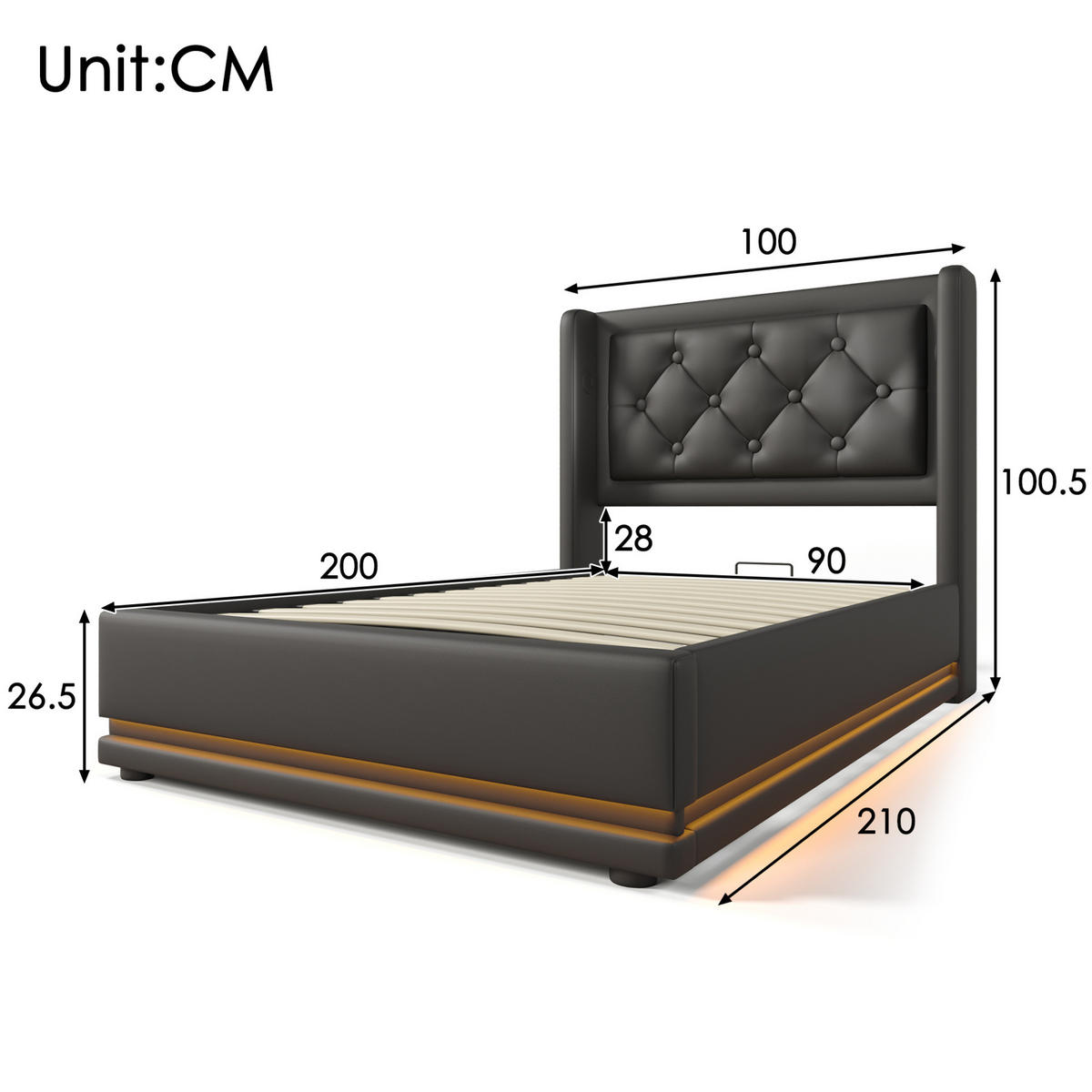POLSTERBETT 90/200 cm mit USB-C, Matratze, LED und hydraulischem Bettkasten, PU, Schwarz - Schwarz, Kunststoff (90/200cm) - Redom