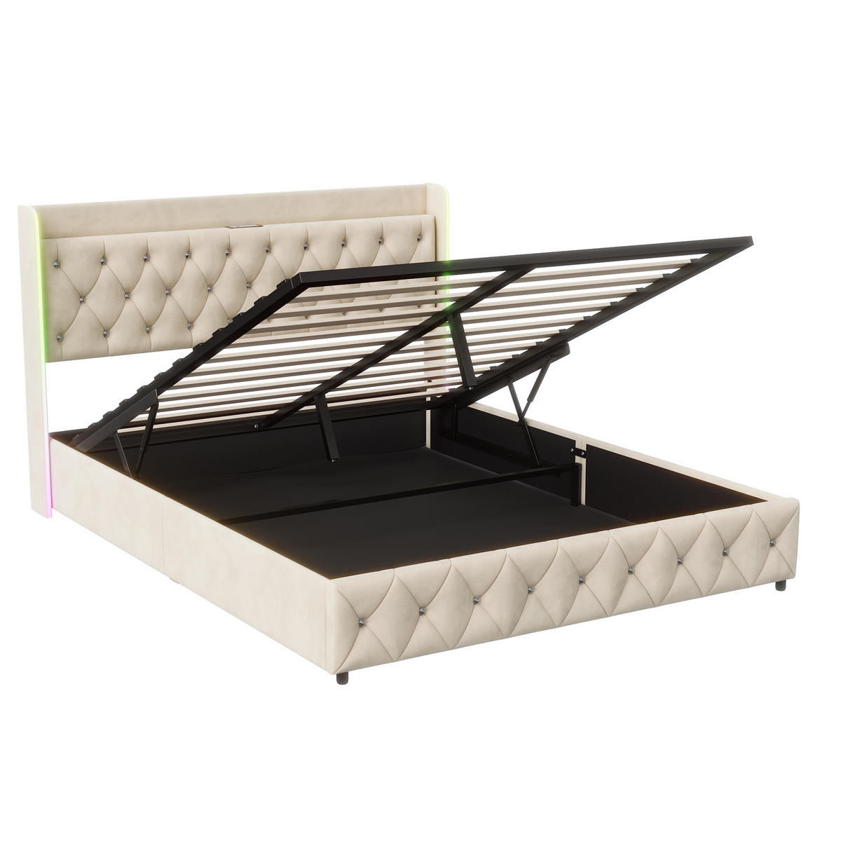 POLSTERBETT 160x200 mit LED, USB & Stauraum, Kunstleder, beige - Beige, Metall (160/200cm)