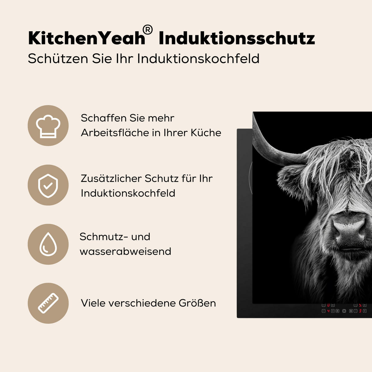 HERDABDECKPLATTE Schottischer Highlander - Hörner - Schwarz - Weiß - Kuh - Wild - Tiere Induktionsmatte 78x78 cm - Schwarz, Kunststoff (78/78/0.2cm) - MuchoWow