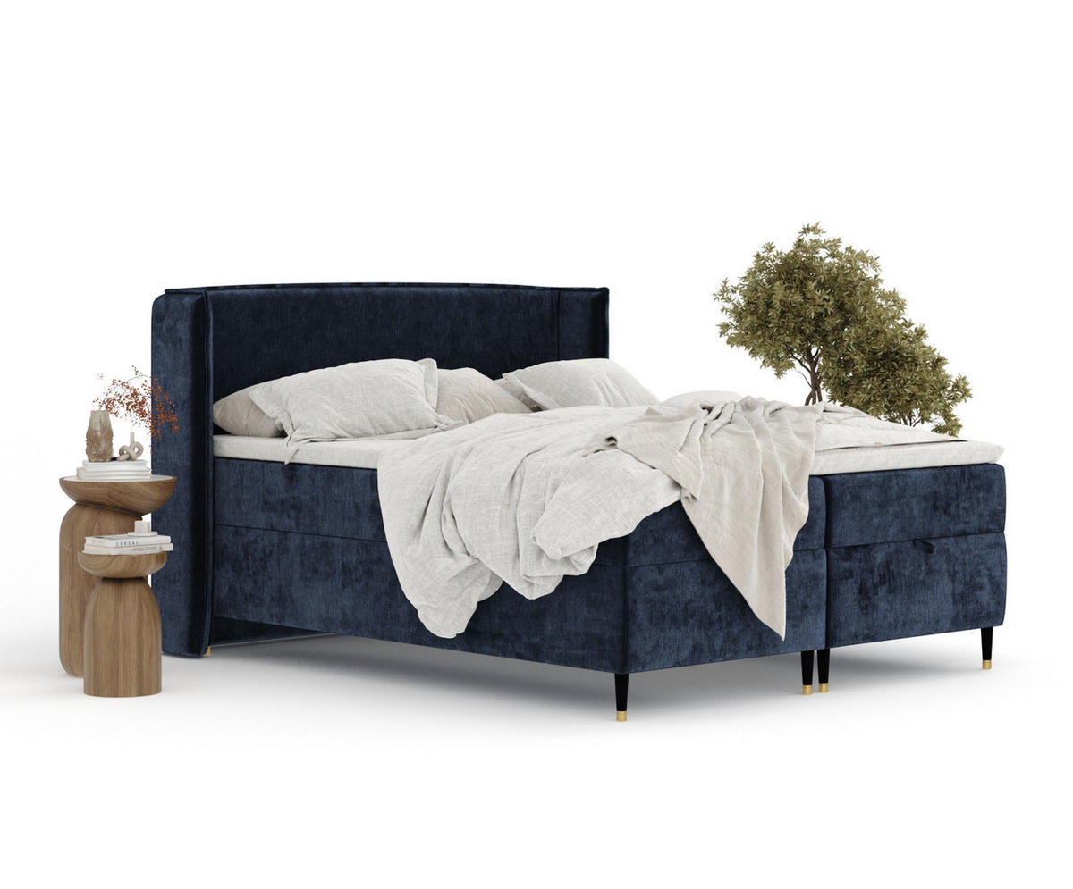 BOXBETT Monpelli Marineblau 200/200 cm mit Matratze und Topper - Schwarz/Dunkelblau, Holz/Holzwerkstoff (200/200cm) - Maison de Reve