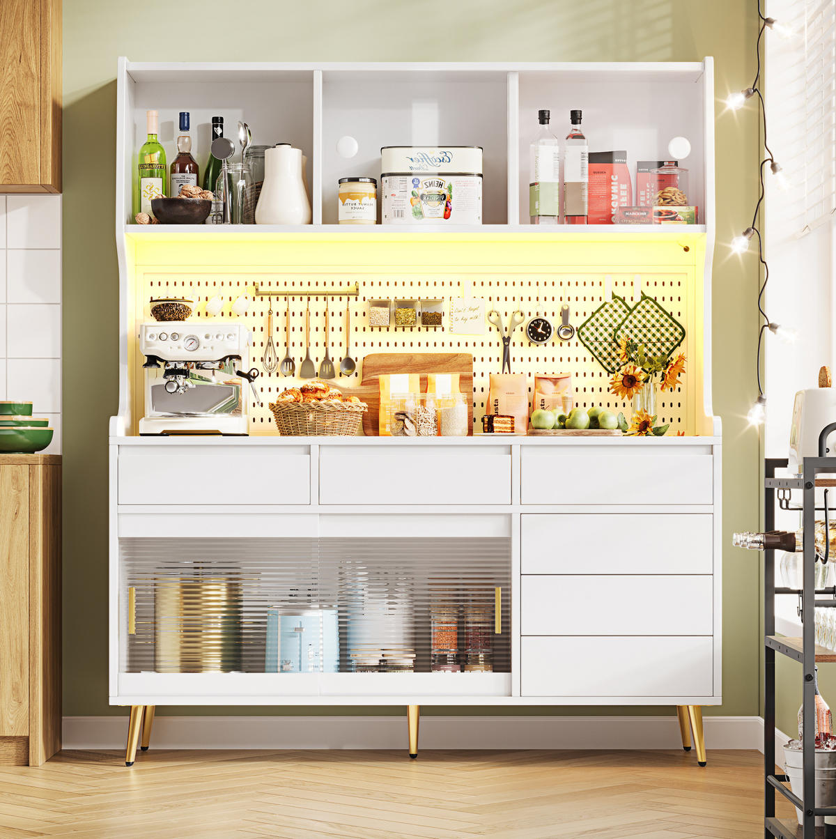 BUFFET 145/39/171 cm aus MDF und Glas mit LED-Beleuchtung und Schiebetüren Weiß - Weiß, Holzwerkstoff (145/171/39cm) - Modenvie