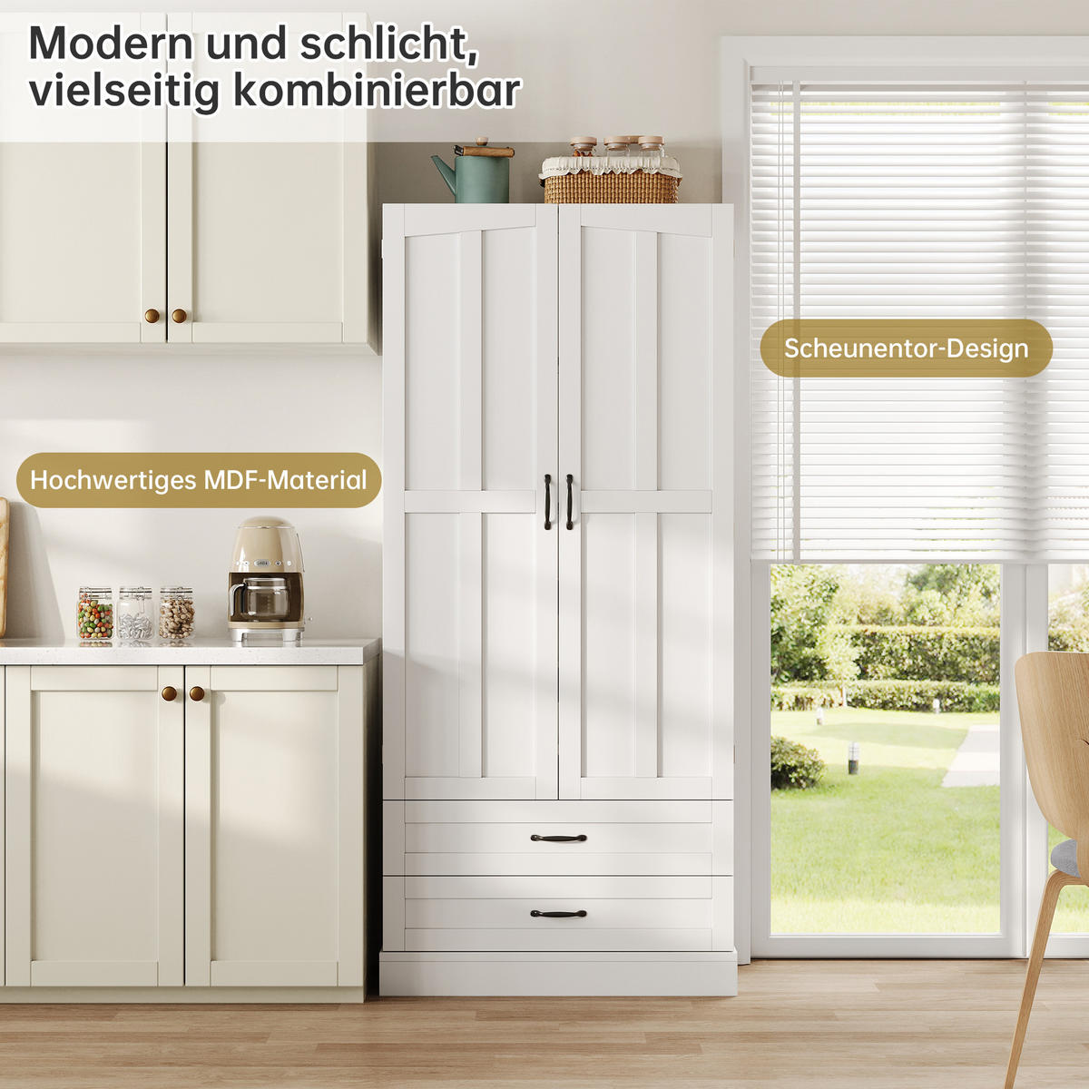 HIGHBOARD DE-38728 80/37,5/180 cm 3 Ausziehböden und 2 Schubladen Weiß - Weiß, Holzwerkstoff (80/180/37.5cm) - ComfortXL