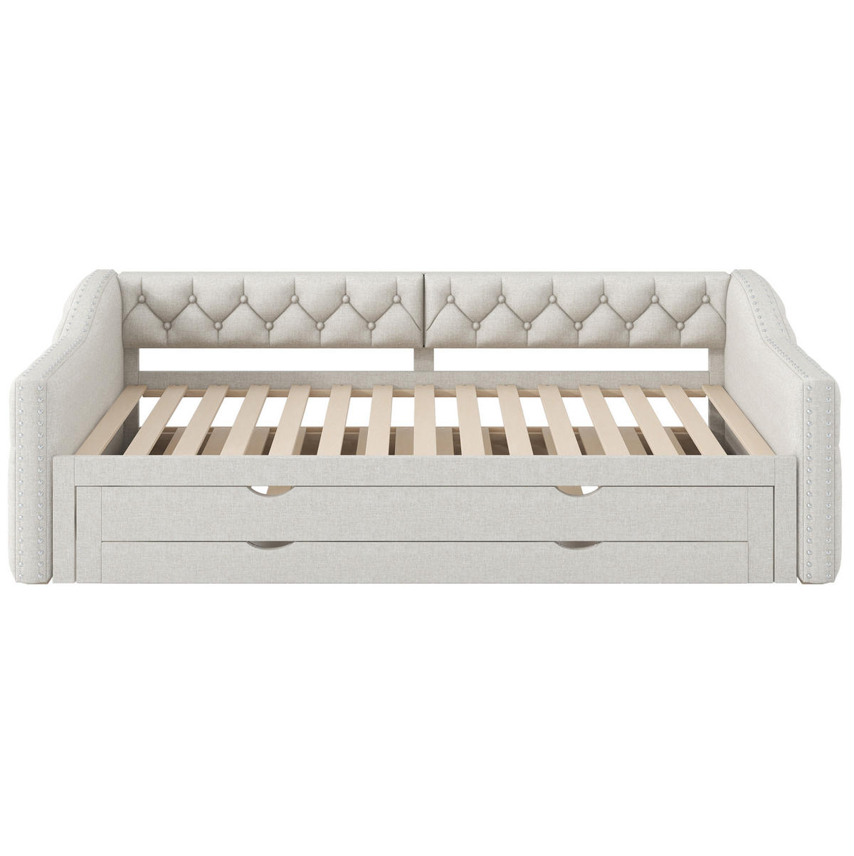 POLSTERBETT 90/200 cm mit LED-Beleuchtung, Ausziehbett und 3 Schubladen, Beige - Beige, Textil (90/200cm) - Redom