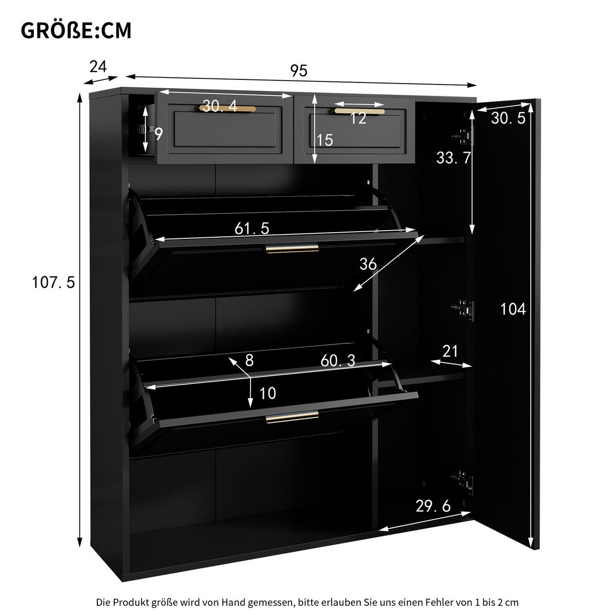SCHUHSCHRANK in Schwarz Schuhkommode mit verstellbaren Regalen goldenen Griffen Schubladen Klapptüren , B95/T24/H107cm - Schwarz, Holzwerkstoff (95/107/24cm) - STILVORA