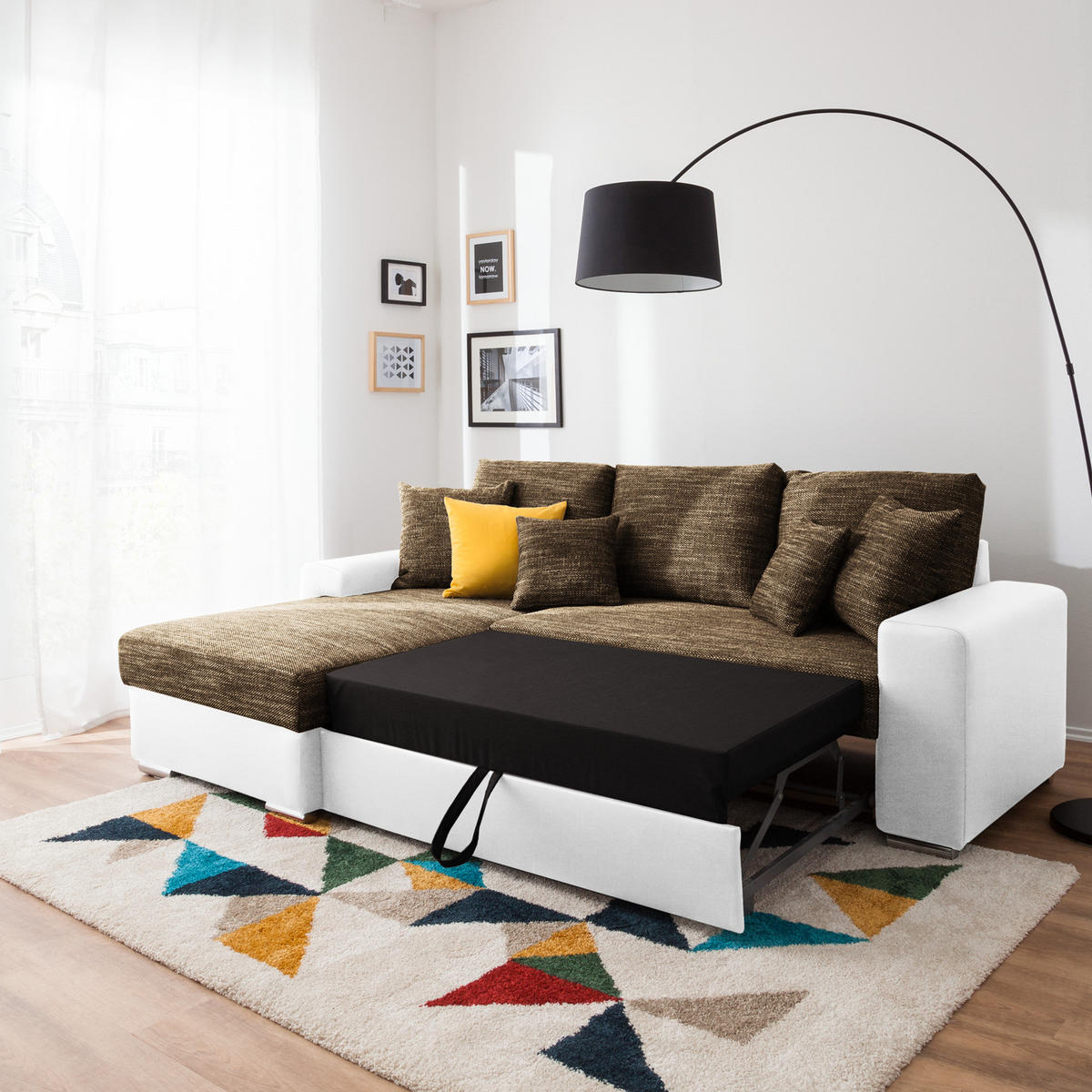 ECKSOFA mit Schlaffunktion - Kunstleder / Strukturstoff, beidseitig montierbar - Weiß/Braun, Kunststoff (240/166cm) - home24