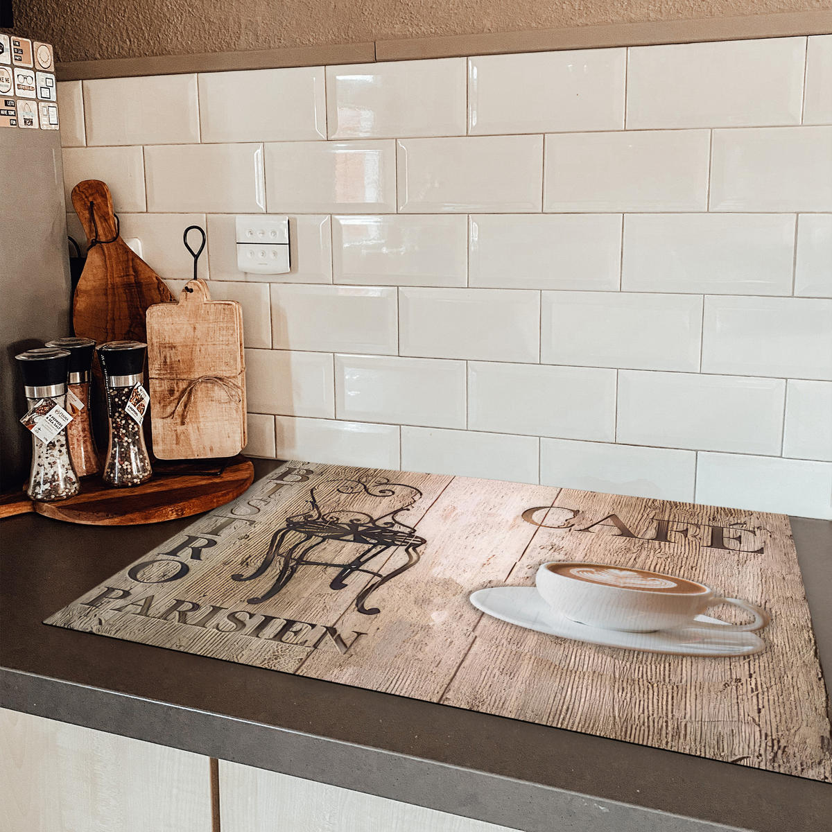 HERDABDECKPLATTE Bistro Parisien - Café - Kaffee - Jahrgang Ceranfeldabdeckung 76x51.5 cm - Cappuccino, Kunststoff (76/51.5/0.2cm) - MuchoWow