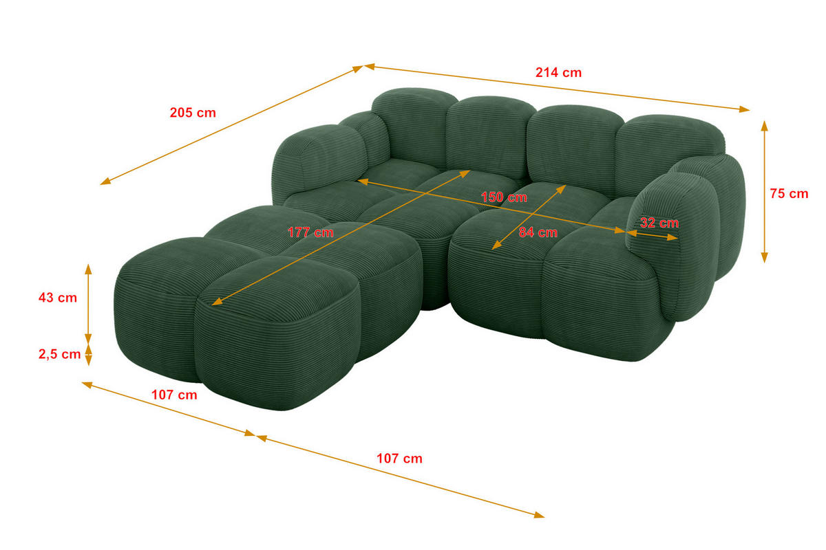 ECKSOFA modulares Sofa Links Miko-L1 214x205x75 Grün Cord - Waldgrün/Schwarz, Holzwerkstoff/Kunststoff (214/205cm) - ALTDECOR