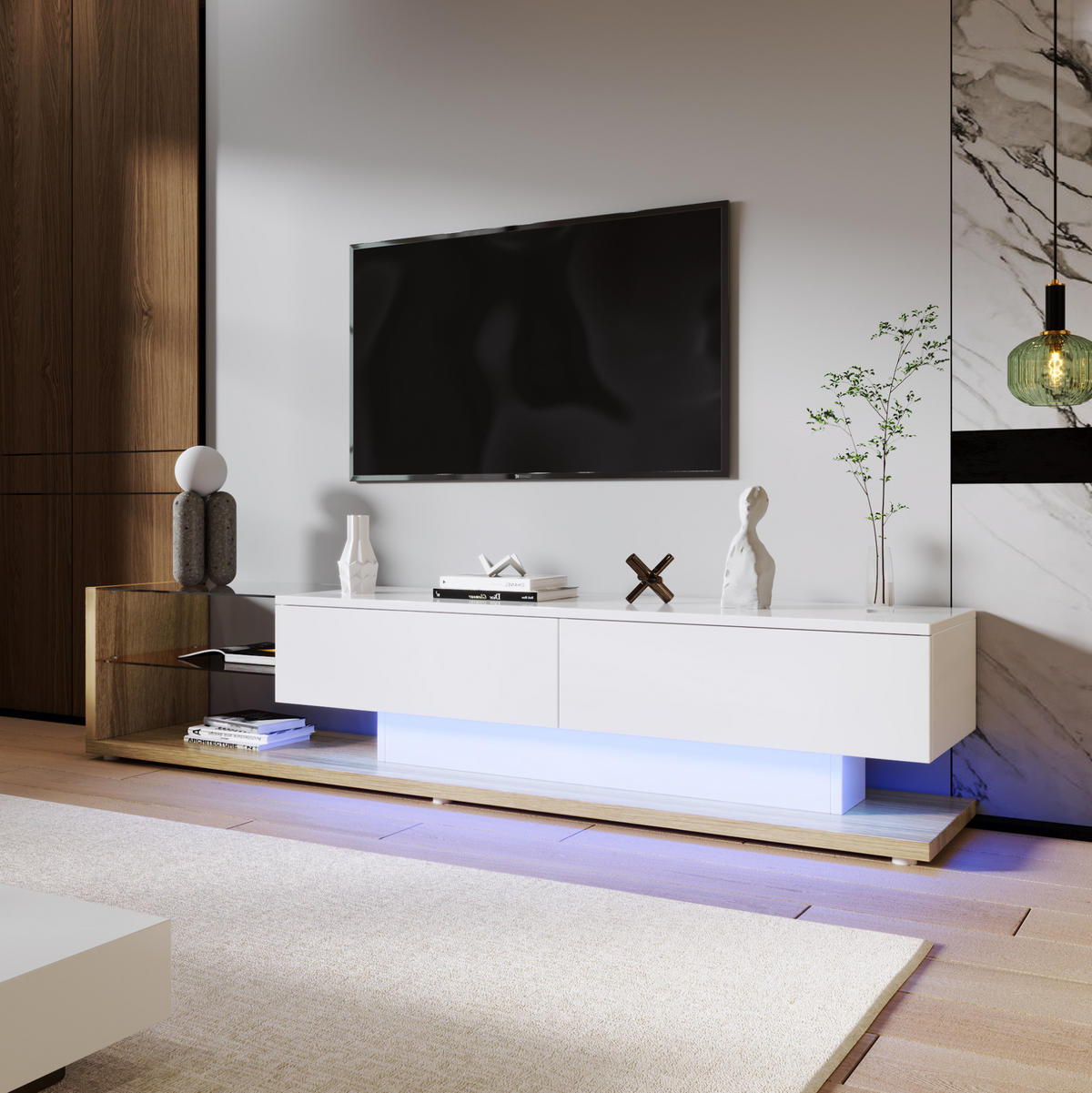 TV-SCHRANK in Weiß Hochglanz mit LED, Schubladen und Glasböden 170/38/36 cm - Weiß, Holzwerkstoff (170/38/36cm) - Redom