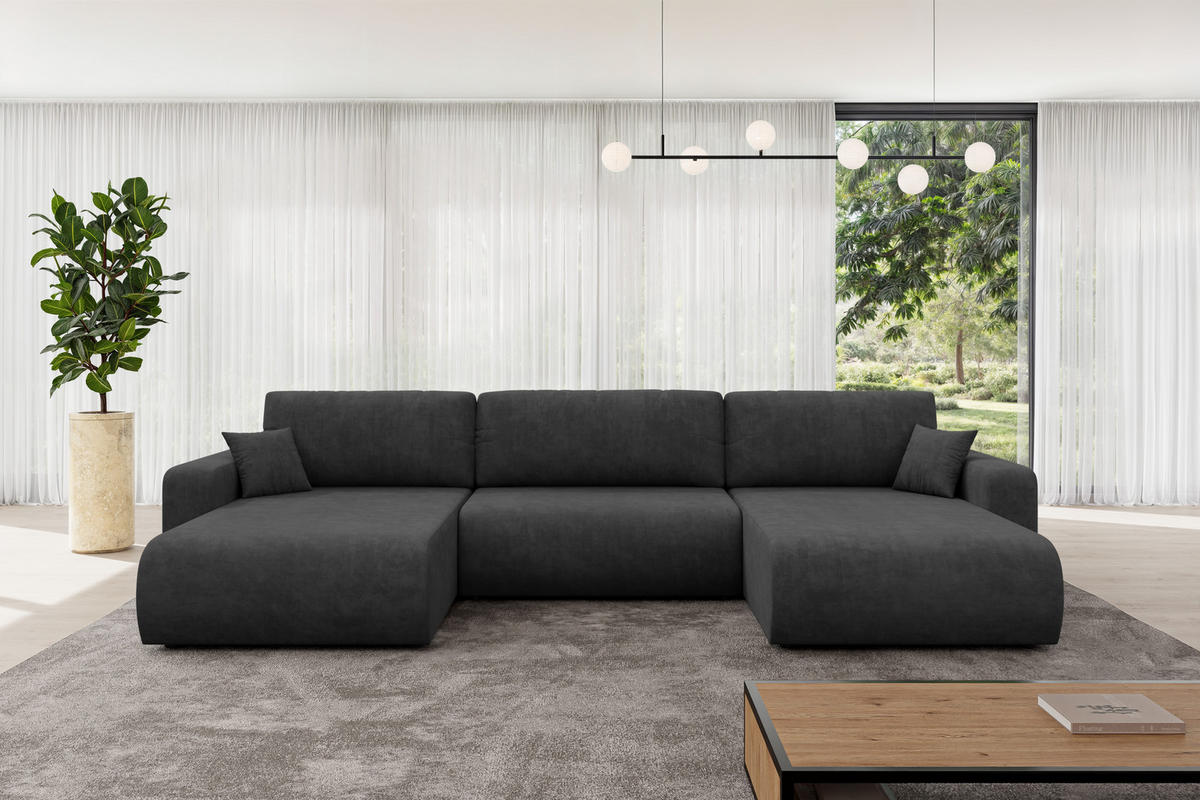 SEDACÍ SOUPRAVA DO U s funkcí spaní a úložným prostorem BERY-U 377x193x88 tmavě šedá velur - černá/antracitová, kompozitní dřevo/textil (377/88/193cm) - ALTDECOR