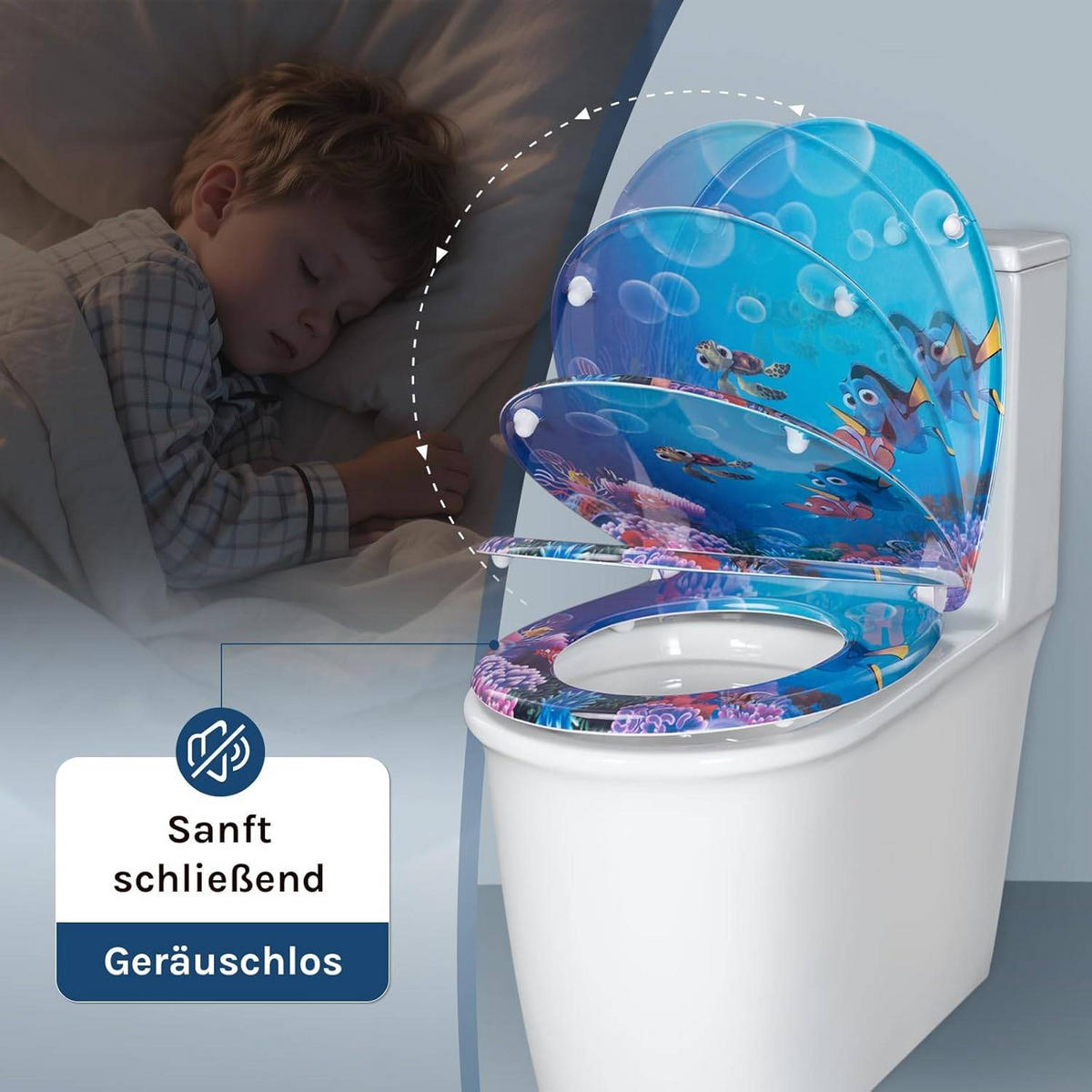 WC SITZ mit Absenkautomatik, Duroplast, Fische Oval - Blau/Weiß, Kunststoff (37/2.51/45cm) - Woltu