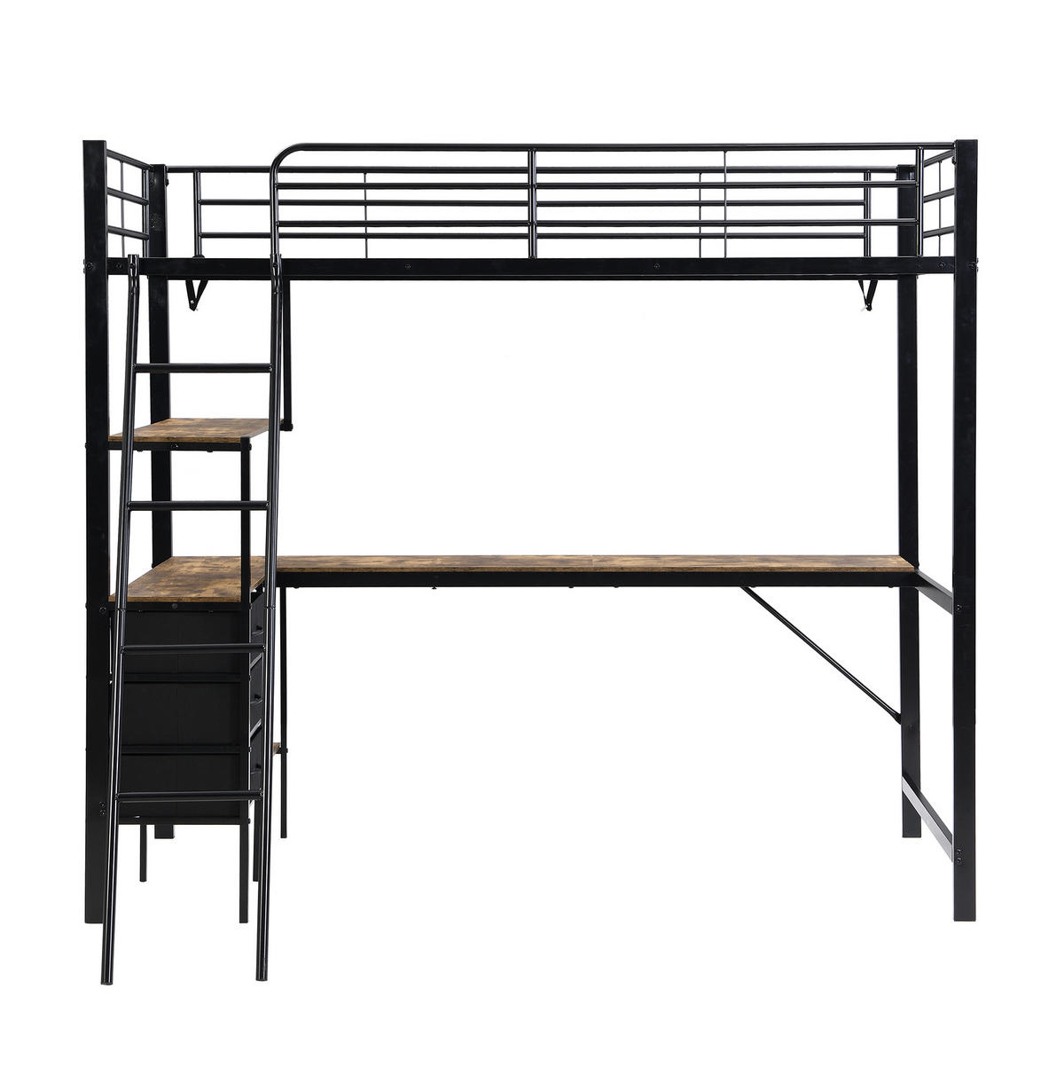 HOCHBETT 90/200 cm mit 2-m-Schreibtisch, 3 Schubladen und schräger Leiter, Schwarz/Dunkle Walnuss - Schwarz, Metall (90/200cm) - Redom