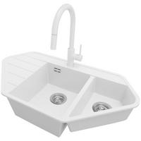 GRANITSPÜLE Kopenhagen Corner, 2-er set Weiß 90/50 cm 1,5 Becken + Küchenarmatur 40/20 cm + Ablauf-Set ab 70er Unterschrank - Chromfarben/Weiß, Kunststoff (90/18/50cm) - Primagran
