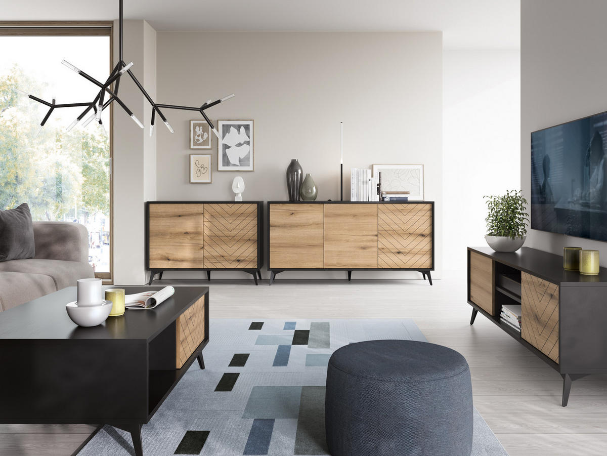 SIDEBOARD Boulia Schwarz mit Fischgrätfronten in Eiche 104 cm - Eichefarben/Schwarz, Holzwerkstoff/Metall (104/119/39cm) - Selsey