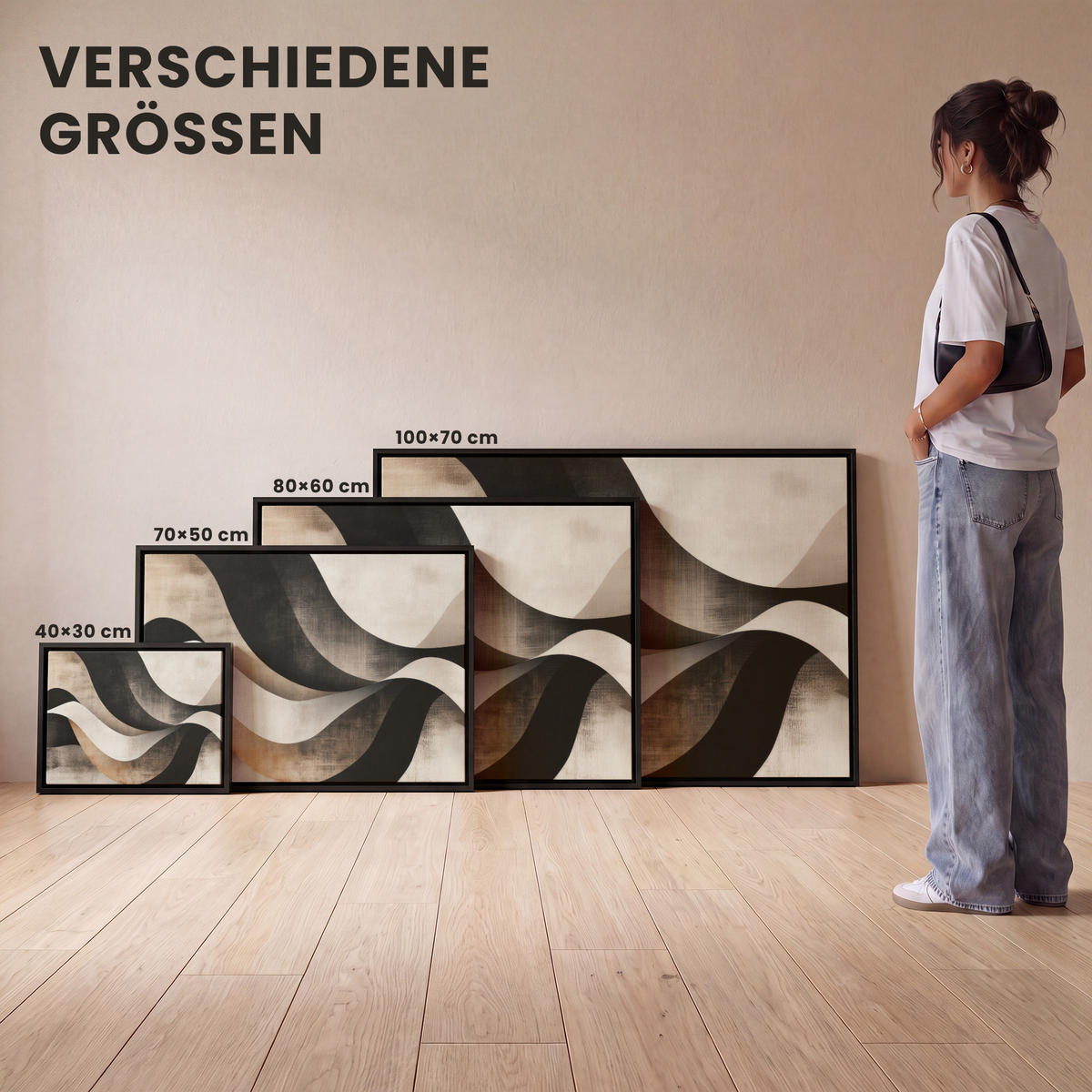 LEINWAND Bilder mit Rahmen - Abstrakt - Wellen - Schwarz - Verwittert - 80x60 - Trüffeleichefarben, Textil (80/60cm) - MuchoWow