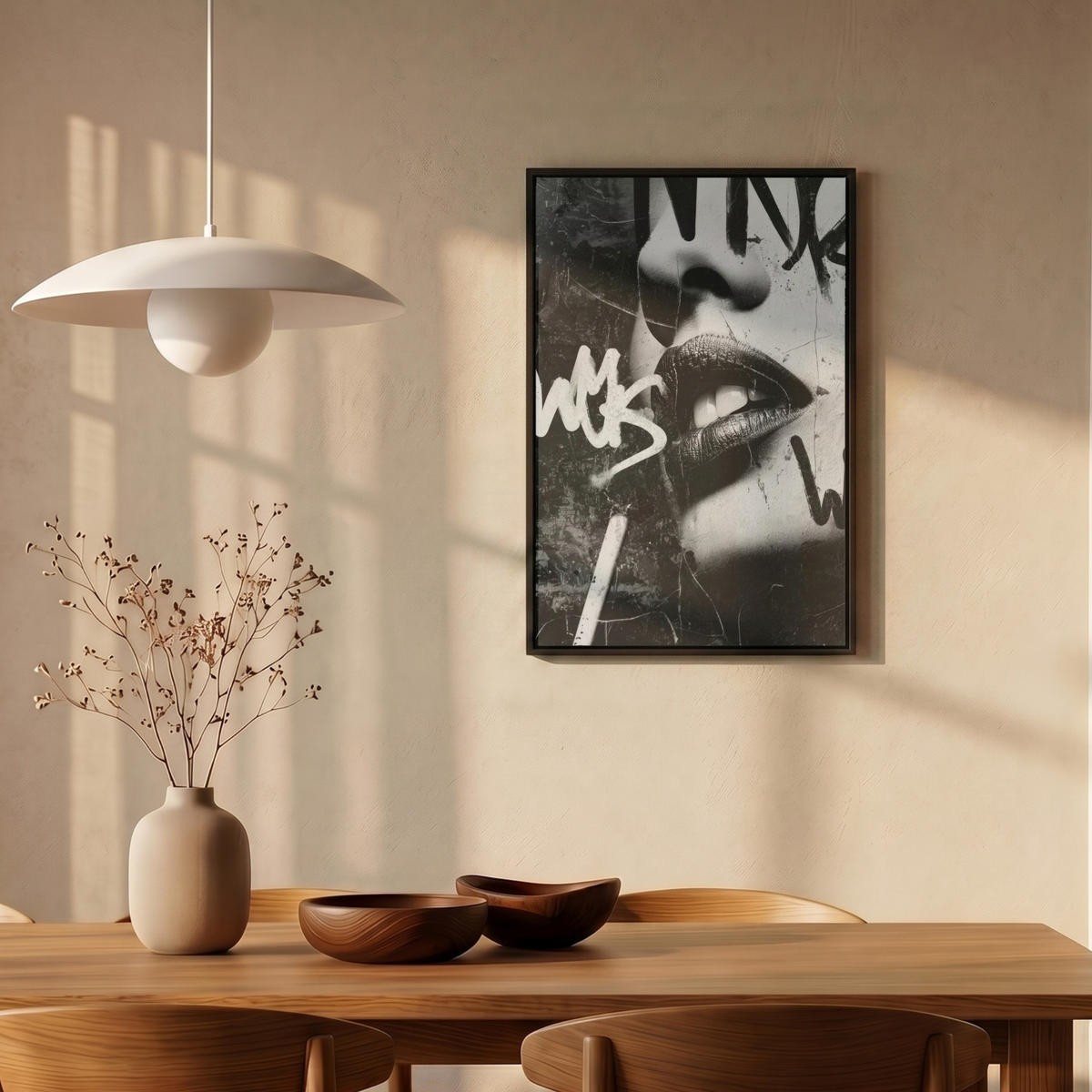LEINWAND Bilder mit Rahmen - Gesicht - Mund - Graffiti - Schwarz - 40x60 - Schwarz, Textil (40/60cm) - MuchoWow