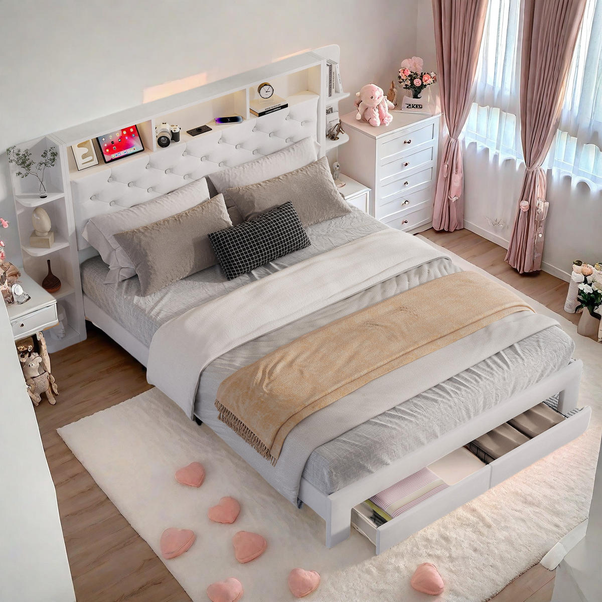 POLSTERBETT 160x200 cm LED USB 2 Schubladen Stauraum Samt weiß - Weiß, Holz (160/200cm) - LEBENLANG