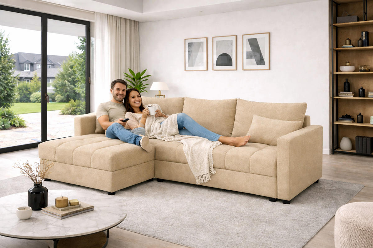 WOHNLANDSCHAFT AURELIA– Ecksofa in L-Form mit Schlaffunktion Bettkasten & Kissen Stoff KRONOS 226 cm Creme - Creme, Kunststoff (226/140cm) - Wohnideebilder