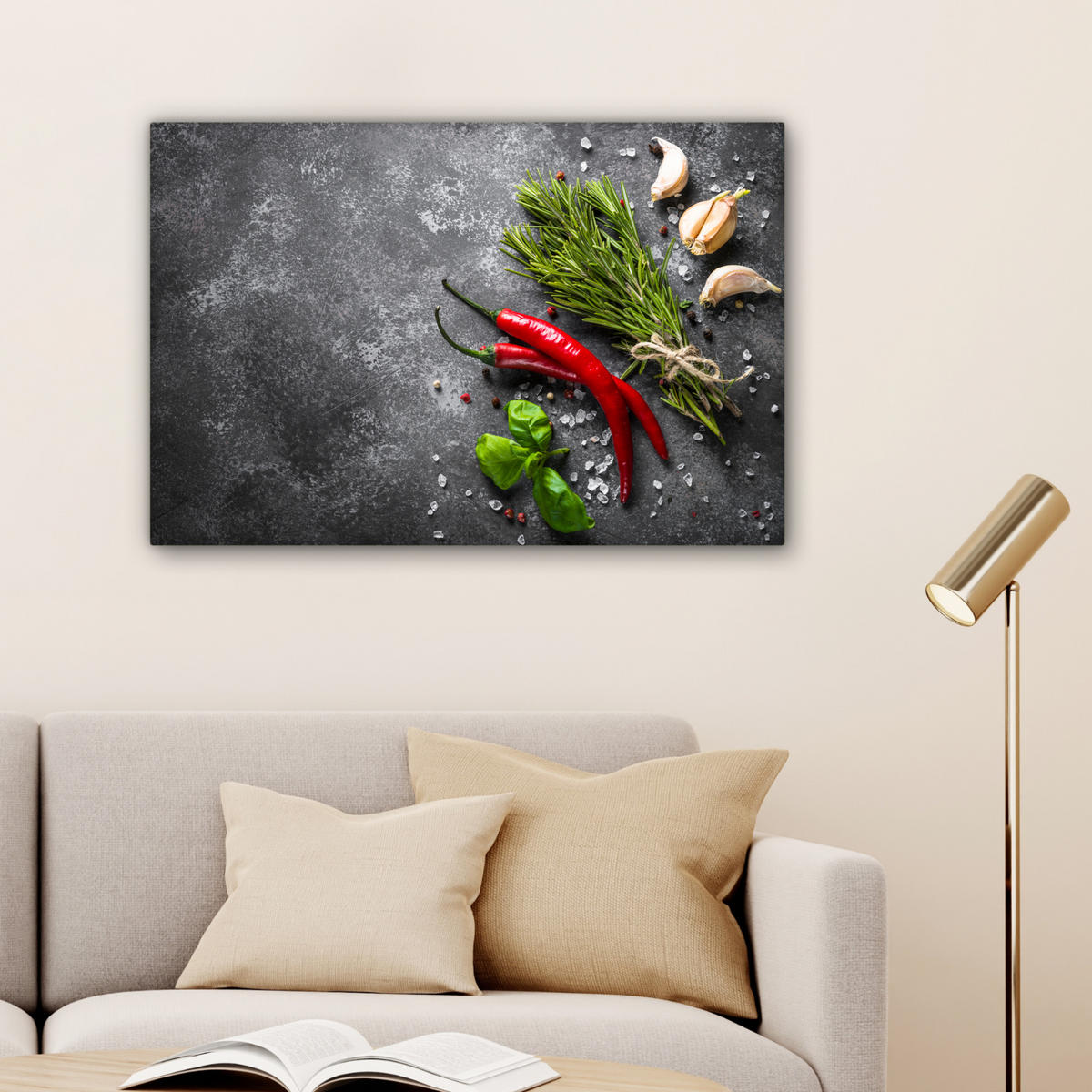 LEINWANDBILD Pfeffer - Kräuter - Gewürze - Beton - Küche 90x60 cm - Dunkelgrau, Textil (90/60cm) - MuchoWow