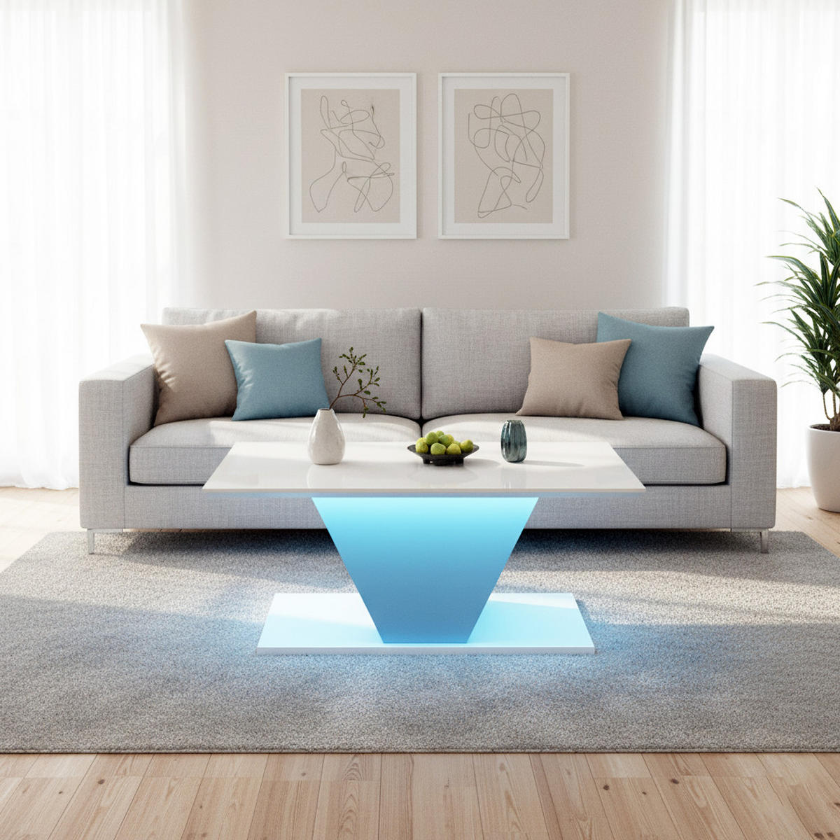 COUCHTISCH Weiß Hochglanz mit LED & V-Form Design - Weiß, Holzwerkstoff (50/100/46cm) - Urban Meuble