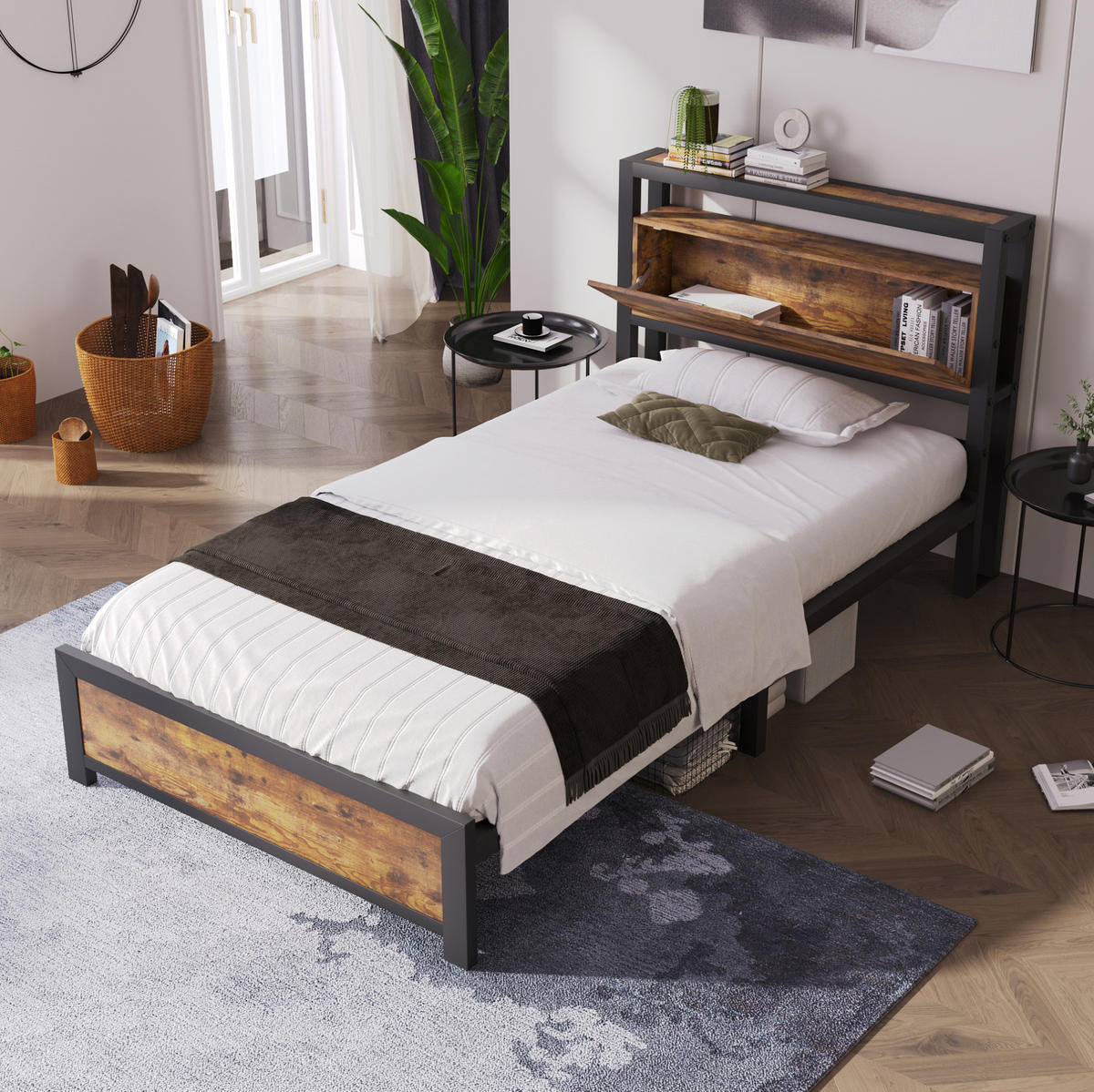 JEDNOLŮŽKOVÁ postel 90/200 cm přírodní z kovu a dřeva s úložným čelem - přírodní, kov (90/200cm) - OKWISH