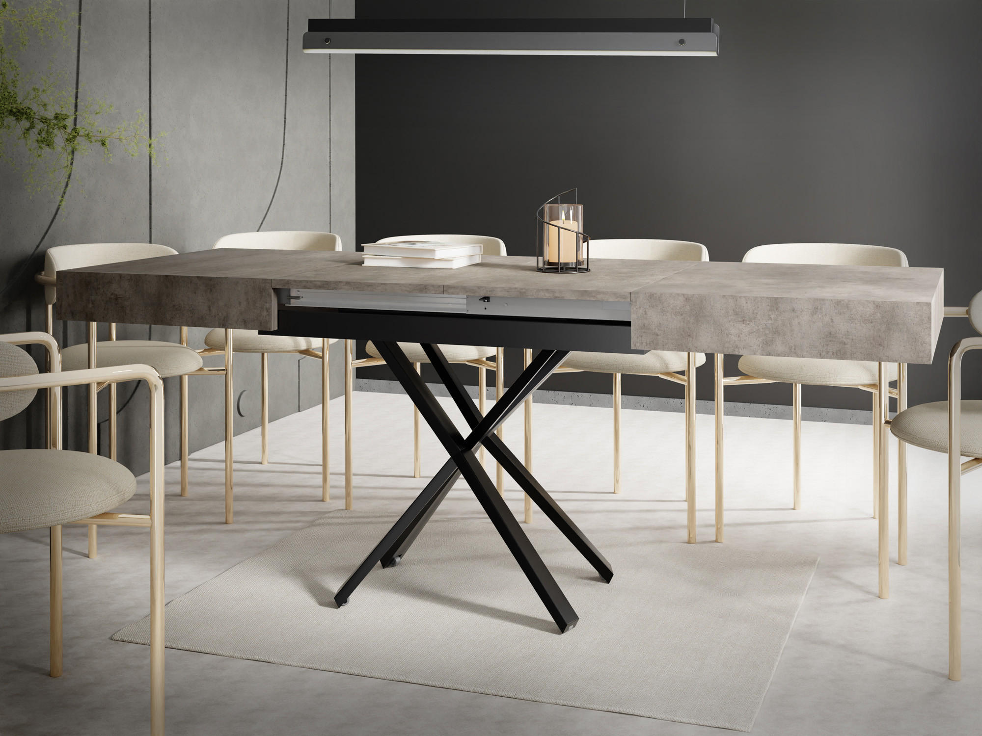 COUCHTISCH Cavetta X höhenverstellbar ausziehbar, Dunkelgrauer Chicago Beton 120-200/80/27-76 cm - Dunkelgrau/Schwarz, Holzwerkstoff/Metall (80/120/76cm) - WFL GROUP