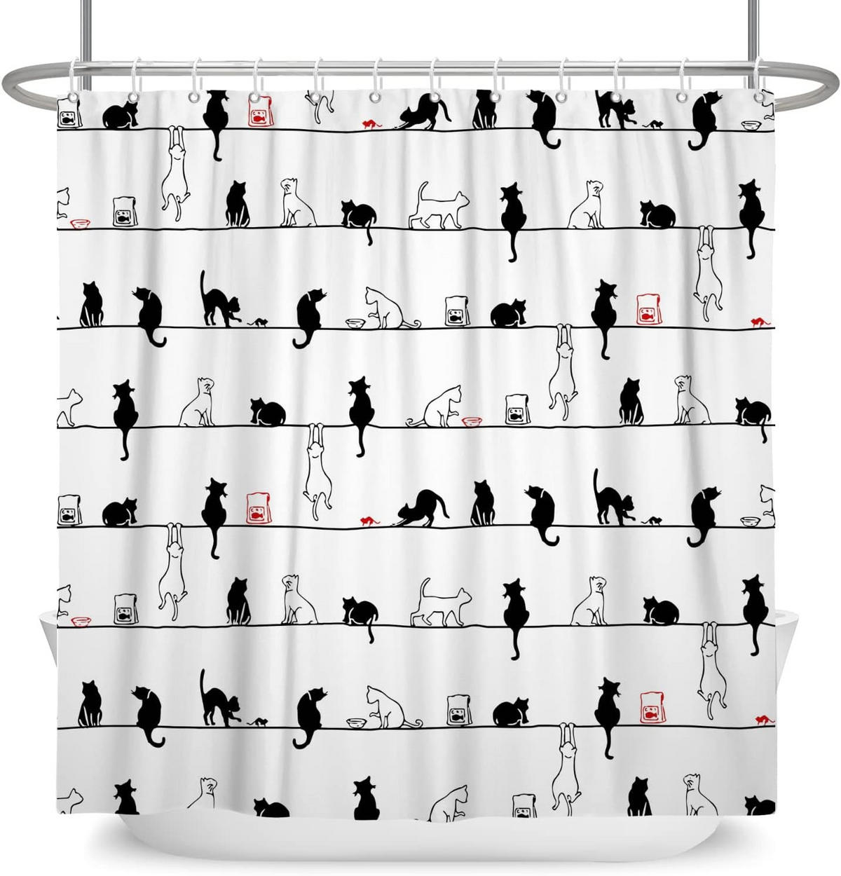 DUSCHVORHANG lustig Katze Schwarz Tier schlicht mit Haken Badezimmer - Weiß, Textil (180/180cm) - MCBOSON