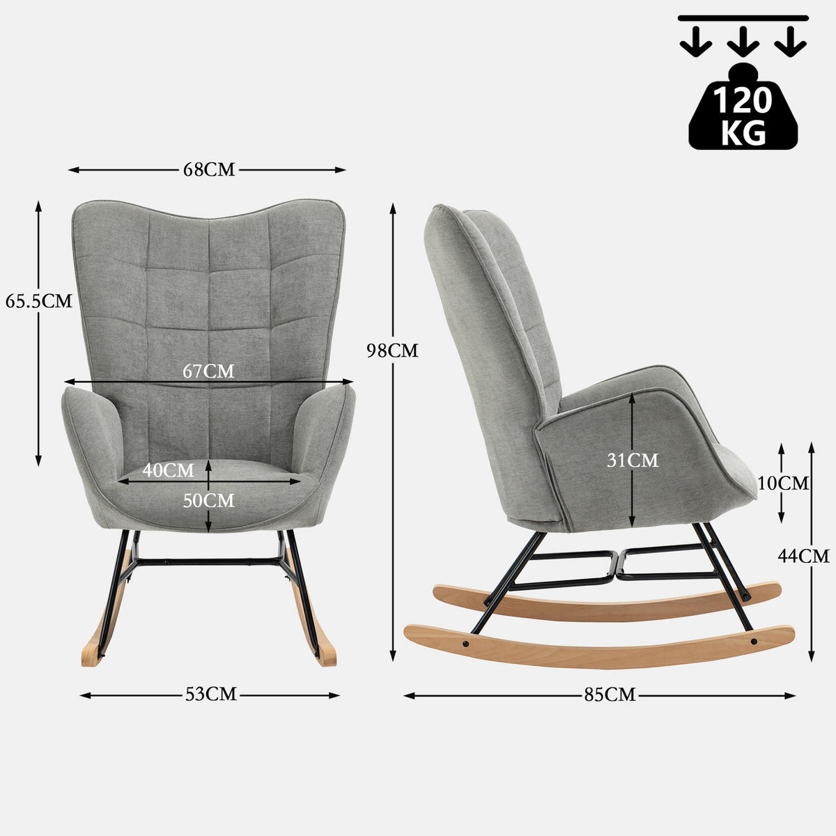 2ER Set Schaukelstuhl Massivholz, Grau - Grau, Textil (66/98/84cm) - Meubles Cosy