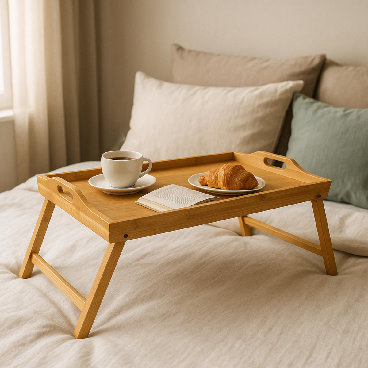 FRÜHSTÜCKSTABLETT Bambus Naturfarben klappbare Beine 66x31x22 cm - Naturfarben, Holz (50/5.8/31cm) - Begryf