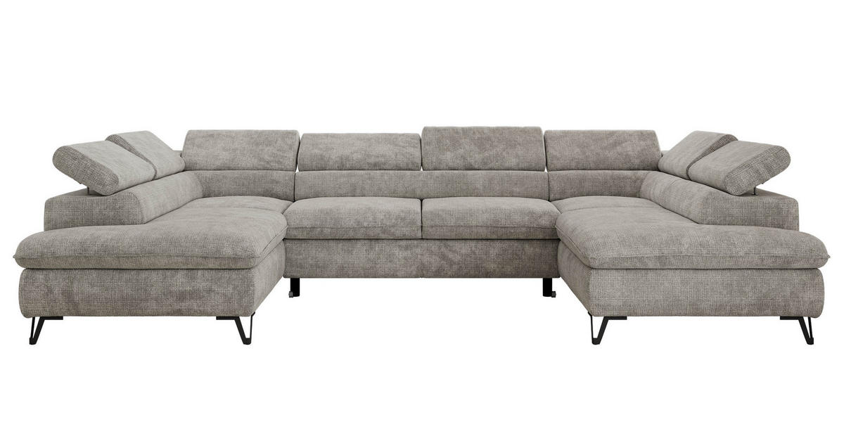 WOHNLANDSCHAFT PABLO U Schenille grob gewebt Hellgrau - Hellgrau/Schwarz, Textil/Metall (346/76/208cm) - MKS