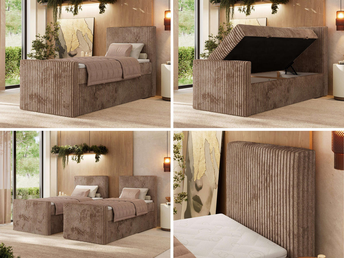 BOXBETT TILIANO DUO 90/200 - Braun Cord - H4 - Topper Visco - Rechts Seite - Braun, Textil (90/200cm) - MKS