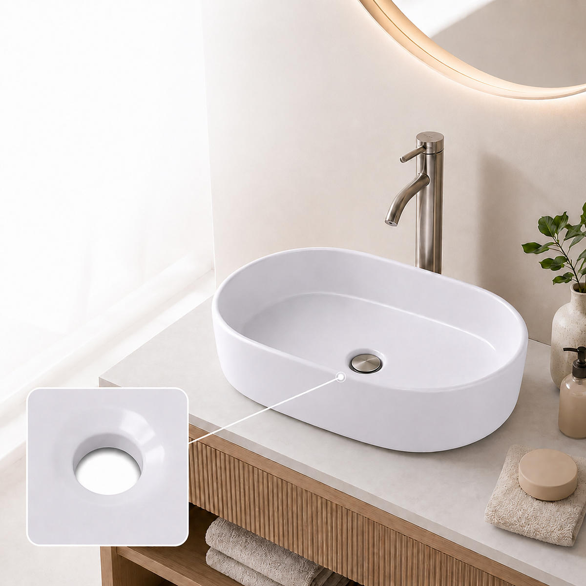 UMYVADLO Bílé keramické oválné bez otvoru pro baterii - bílá, keramika (55/14.5/34cm) - Relaxdays