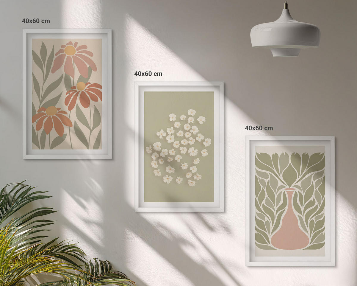 BILDER SET 3er Set - 40x60 cm Weißer Rahmen - Florale Boho-Muster - Weiß, Kunststoff (40/60cm) - TULUP