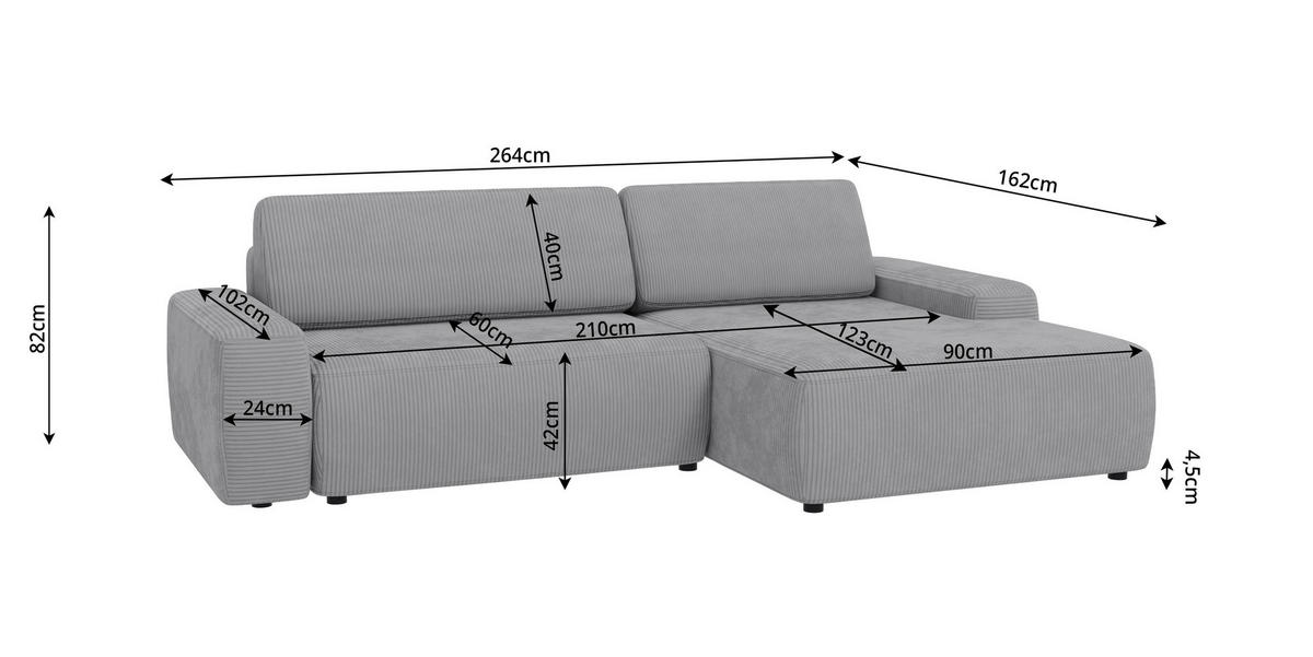 ECKSOFA Nancy Hellgrau Cord - Hellgrau/Schwarz, Holz/Kunststoff (264/162cm) - S-Style Möbel