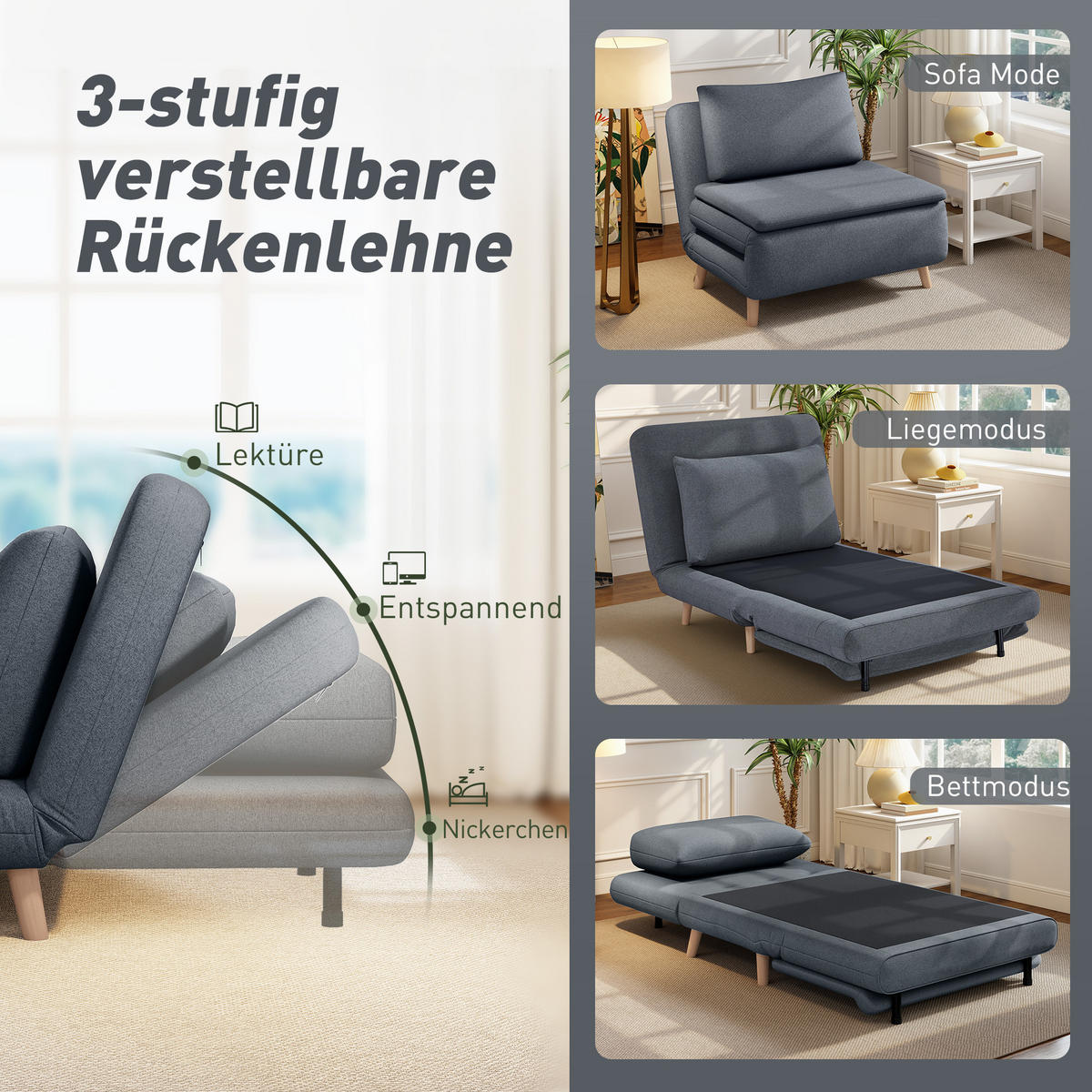 SCHLAFSESSEL 3-in-1 Sessel Bett-Funktion , verstellbare Rückenlehne - Buchefarben/Grau, Buchenholz/Textil (90/80/95cm) - HOMCOM
