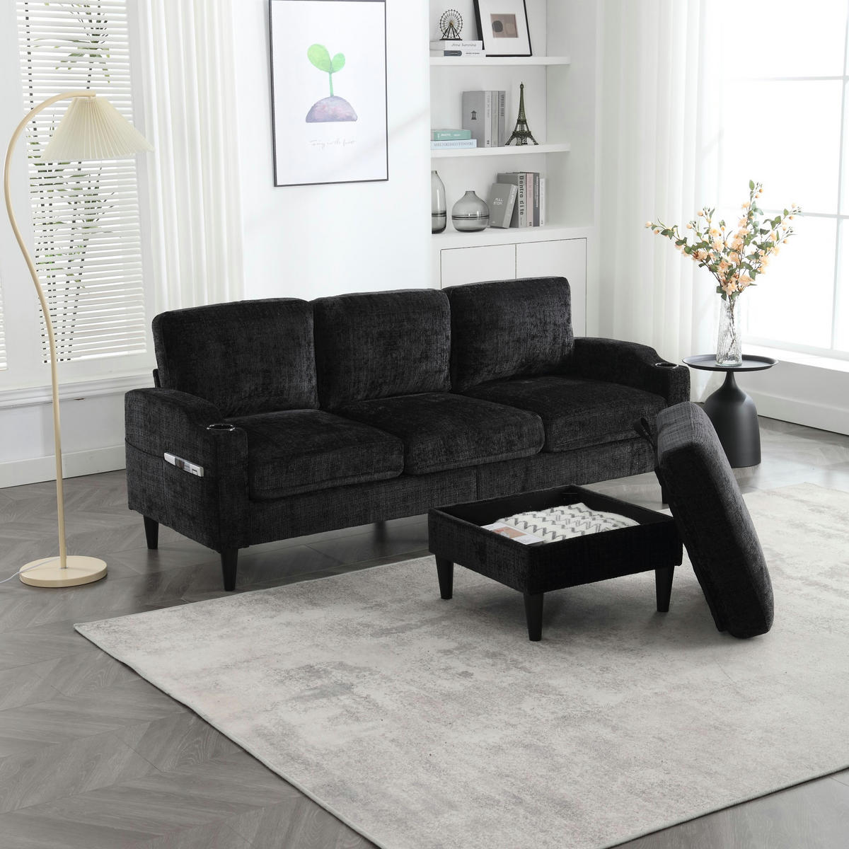 SOFA 4-Sitzer mit Hocker ca. 196,5 x 75 x 77 cm Chenille Black - Schwarz, Kunststoff (196.5/77/75cm) - Meubliv