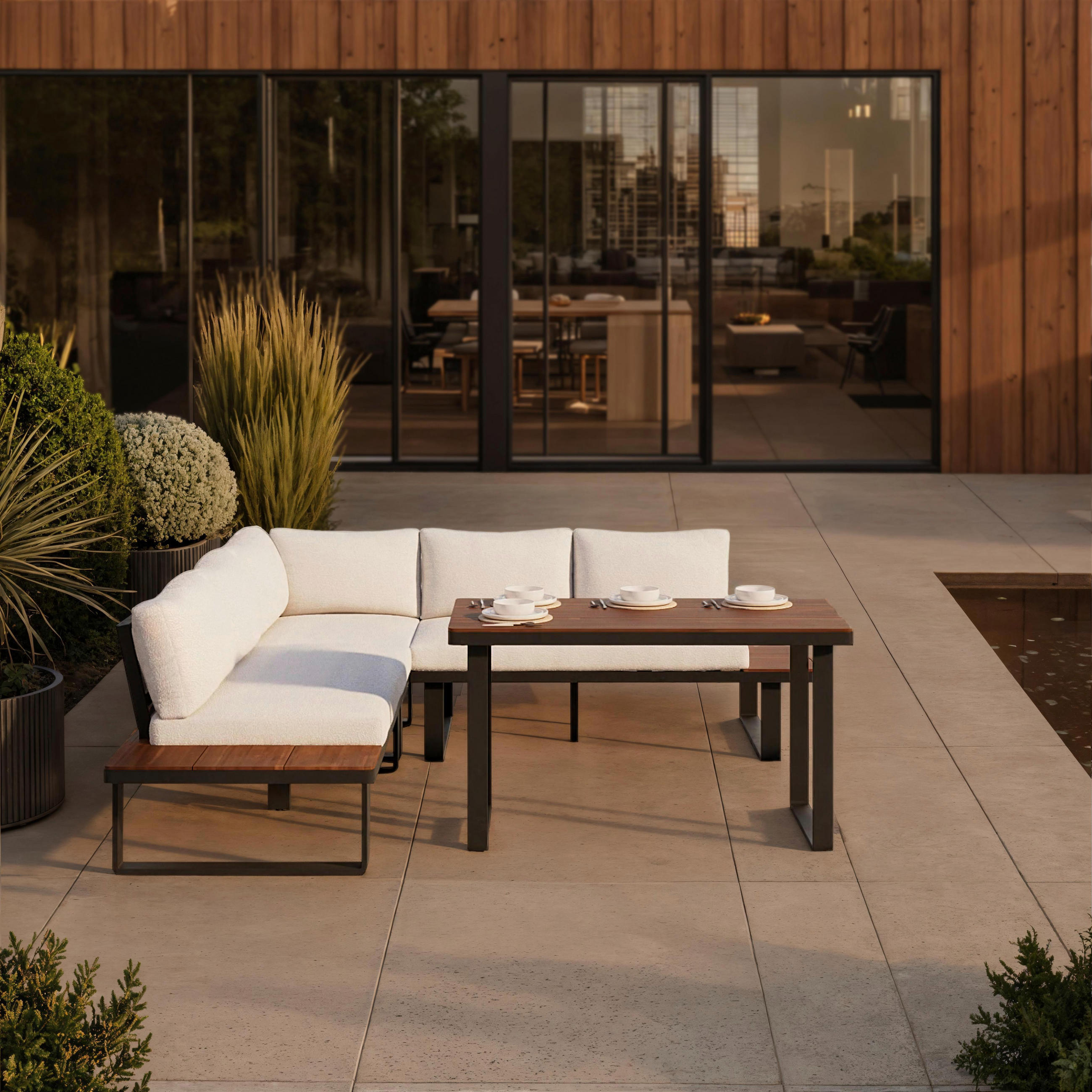 DINING-LOUNGESET Gianna Holz Outdoorstoff/Metall +Abdeckung - Creme, Holz - Bessagi Garden